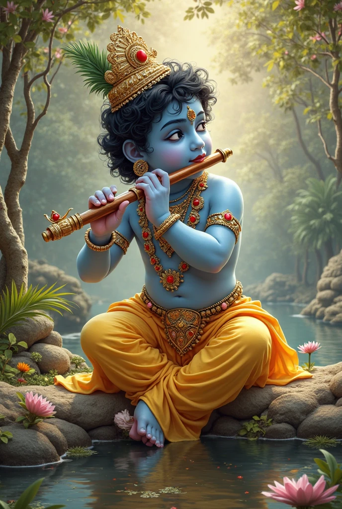 Lord Shree krishna, in a teen age boy, wearing jewelry, and a crown on his head, a peacock feather stick on his crown, playing flute, sitting on a branch of a tree, beneath which yamuna river flows