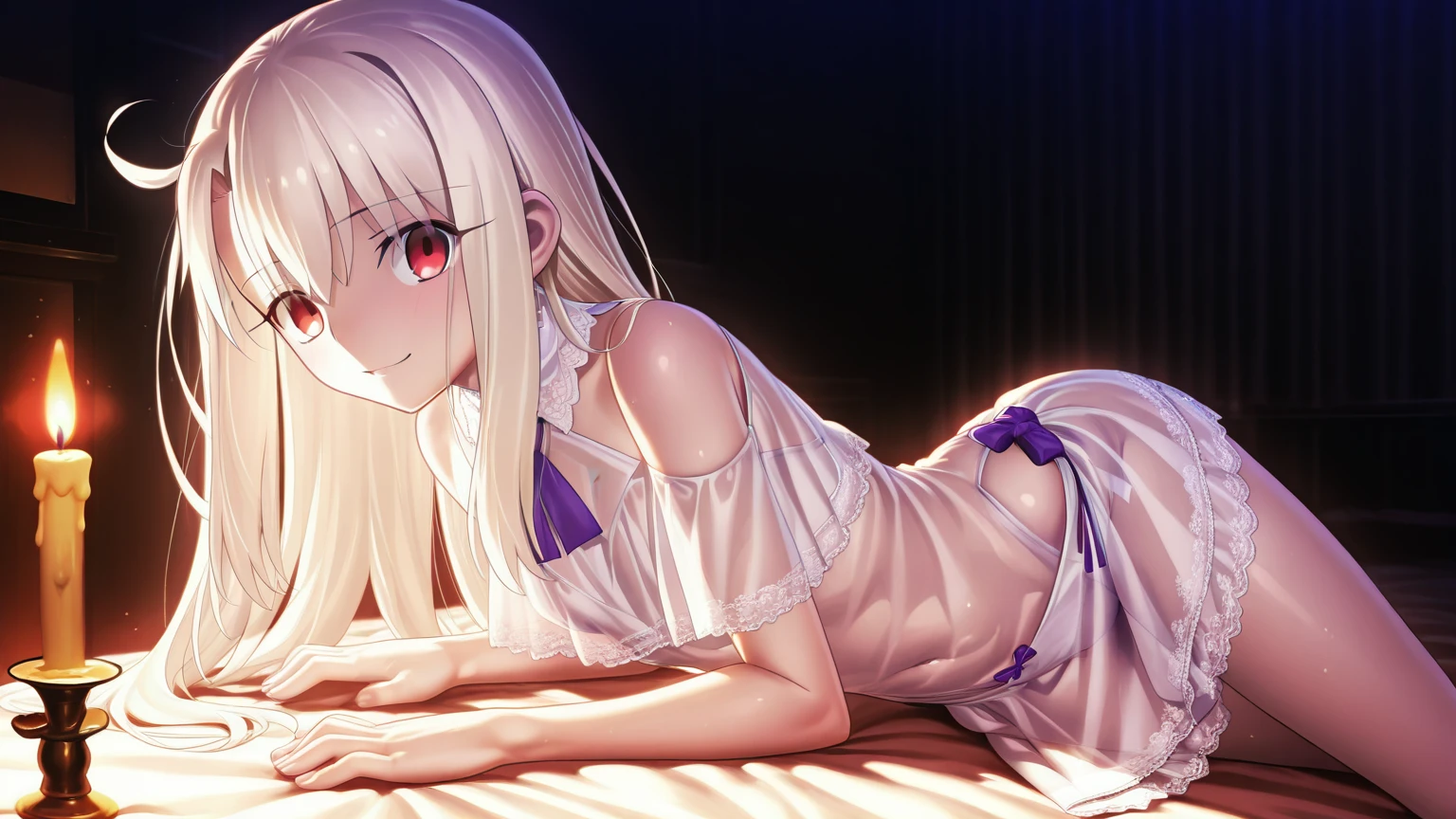 ((best quality)), ((masterpiece)), (detailed), 1girl, white hair. Long hair. Pink eyes. Off shoulder sweeter. Bottomless.