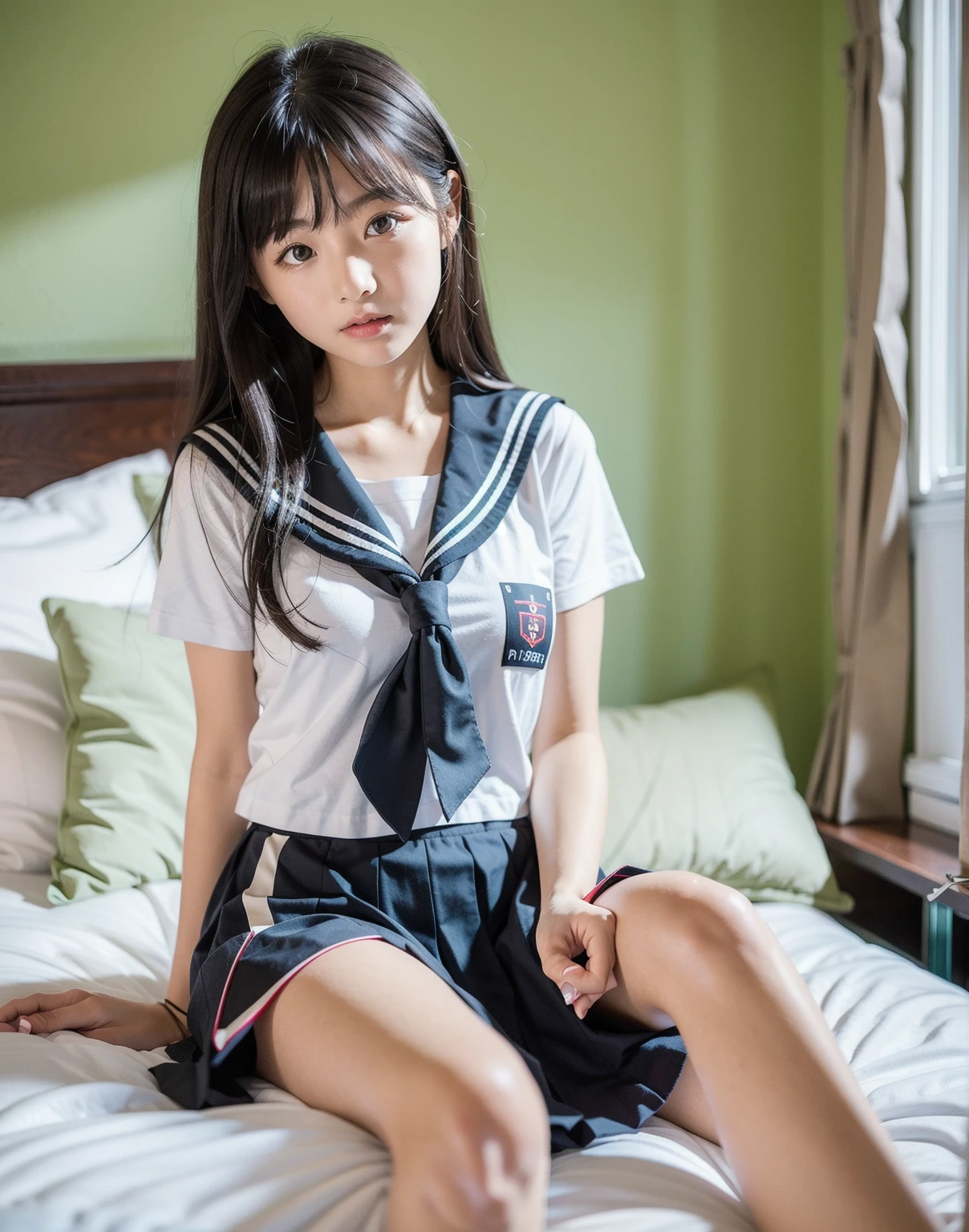 Bedroom、Lie down in bed、crying and hating、Are crying、cry、tears、Model clothing、Elementary school girl、Large-scale full-body shot