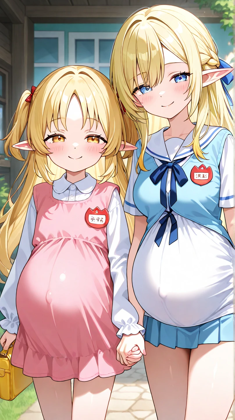 (pregnant toddler girl:1.5),chibi,2girls,long blonde hair tied with a string,belly button,standing,laughing