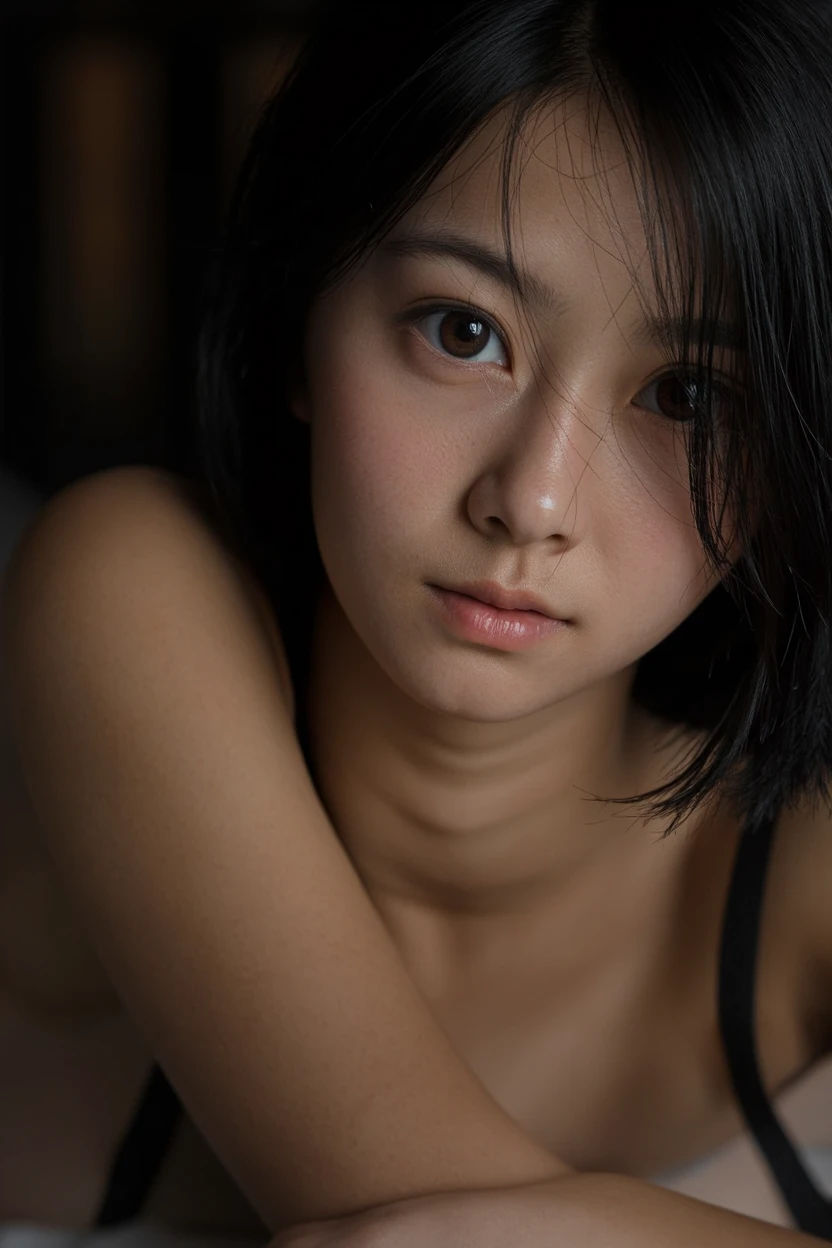 (masterpiece, highest quality, RAW photo, realistic:1.2), 1 girl, look away, sad, beautiful girl, cute, delicate girl, hair up, written boundary depth, High resolution, Super detailed, detailed, Highly detailed eyes and face, realistic student, sharp focus, cinematic lighting, Upper body, bangs, silk lingerie,