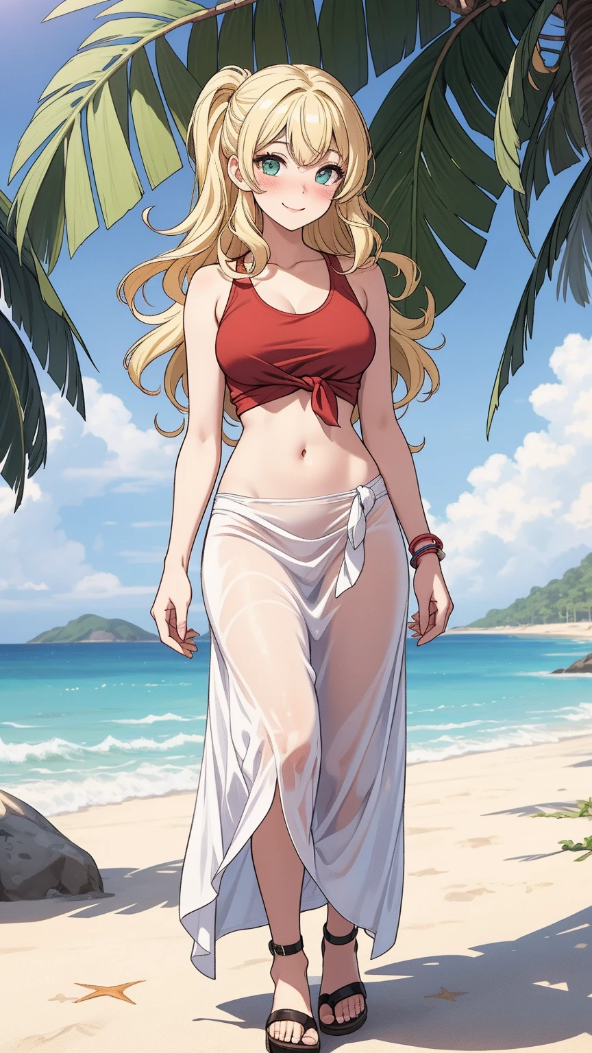 blonde hair, long hair, green eyes, with slender legs and an enticing beach pose, wearing a elegant red gown that shows off her navel, resembling an Arabian belly dancer. She has a short trimmed skirt and her flowing blonde hair is styled in a side ponytail. Her captivating blue eyes exude happiness, while her outfit highlights her alluring cleavage, happy