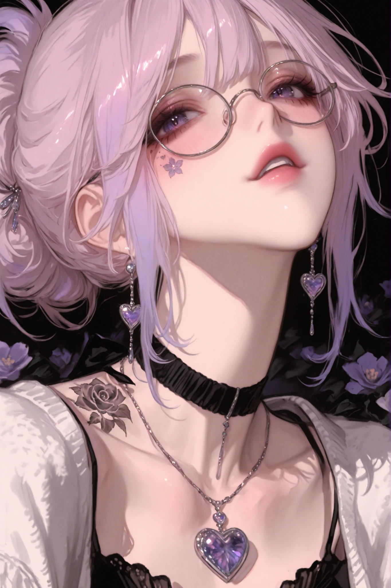 Close-up portrait of a stylish Gen Z anime girl with pastel lilac hair tied in a loose high ponytail, with soft curtain bangs framing her face. She has dreamy violet eyes, wearing large round glasses with subtle reflections, and a calm, mysterious expression. Her skin is pale and smooth, with a slight under-eye shadow giving her a moody but elegant vibe. She's dressed in a thin black spaghetti strap top layered with a fluffy oversized white cardigan, with soft fabric texture fully visible. A delicate heart necklace rests on her collarbone, and a floral tattoo elegantly wraps from her shoulder to her neck, featuring fine ink details. She wears silver rings and thin minimalist earrings. The background is pure white, emphasizing the clean silhouette. The art style is semi-realistic anime with soft glow, fine lines, silkscreen-style rendering, close-up detail, high-resolution ink stroke texture, and vivid pastel tones. Feminine indie aesthetic, calm and intellectual atmosphere, soft shadows and smooth gradient coloring.