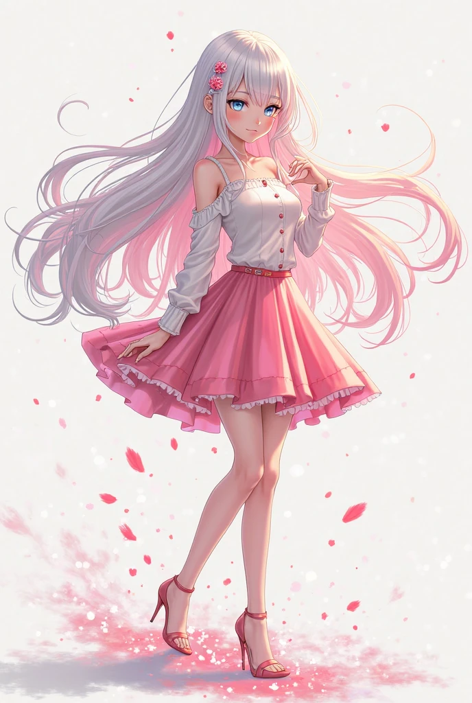 Create a beautiful japanese albino having red eyes, white hair, blushes, beautiful rose like layered and wet pussy, perfect tits, wearing full leg torn stockings and off-shoulder loose shirt and a newly styled beautiful skirt, (tall), (20 years old girl), perfect looking , perfect anatomy, beautiful face, highly detailed, 3d anime, cartoonic