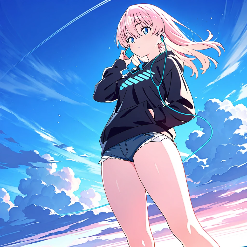 masterpiece,(best quality),(1girl) ,(solo), Android 18 from Dragon Ball,(high contrast:1.2),(high saturation:1.2), ((hands on the pocket)),collarbone, cleavage, ((black one-shoulder crop camisole)), off-shoulders track jacket, cropped jacket, purple jacket, midriff-baring, navel, ((white baggy pants)),looking at viewer,((white and light blue theme:1.3)),((white and light purple background:1.5)), small breasts, short blonde hair, ((blue eyes:1.5)), (wearing glasses:1.2),((walking:1.3)),full body, black footwear,((the light purple water on sky and white cloud and day)),((from above:1.2)),earrings on earlobes, slender feminine figure, narrow waistline, skinny body,
(magazine:1.3), (cover-style:1.3), fashionable, woman, vibrant, outfit, posing, front, colorful, confident, expression, holding, statement, accessory, majestic, touch, scene, attention-grabbing, stylish, striking, modern, trendy, focus, fashion