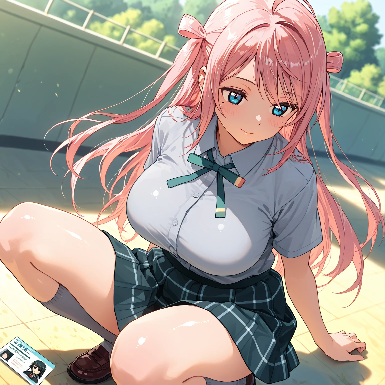 Hayatakagi, Hajime Takagi, Long hair, bow ribbon, (Twin-tailed:1.3), (Brown eyes:1.5), Hair Ribbon, Pink hair, (eye glasses:1.3),BREAK skirt, thighs thighs thighs thighs, School uniform, serafuku, Green skirt, bowtie, Long sleeves, black bowtie,(looking at the viewers:1.3),BREAK (masutepiece:1.2), Best Quality, High resolution, Unity 8k壁纸, (Illustration:0.8), (Beautiful detailed eyes:1.6), extra detailed face, Perfect Lighting, extremely details CG, (Perfect hands, Perfect Anatomy),,(white  panties:1.3)、(Fully exposed panties:1.5)、(Squatting:1.3)、plein air、outside of house、