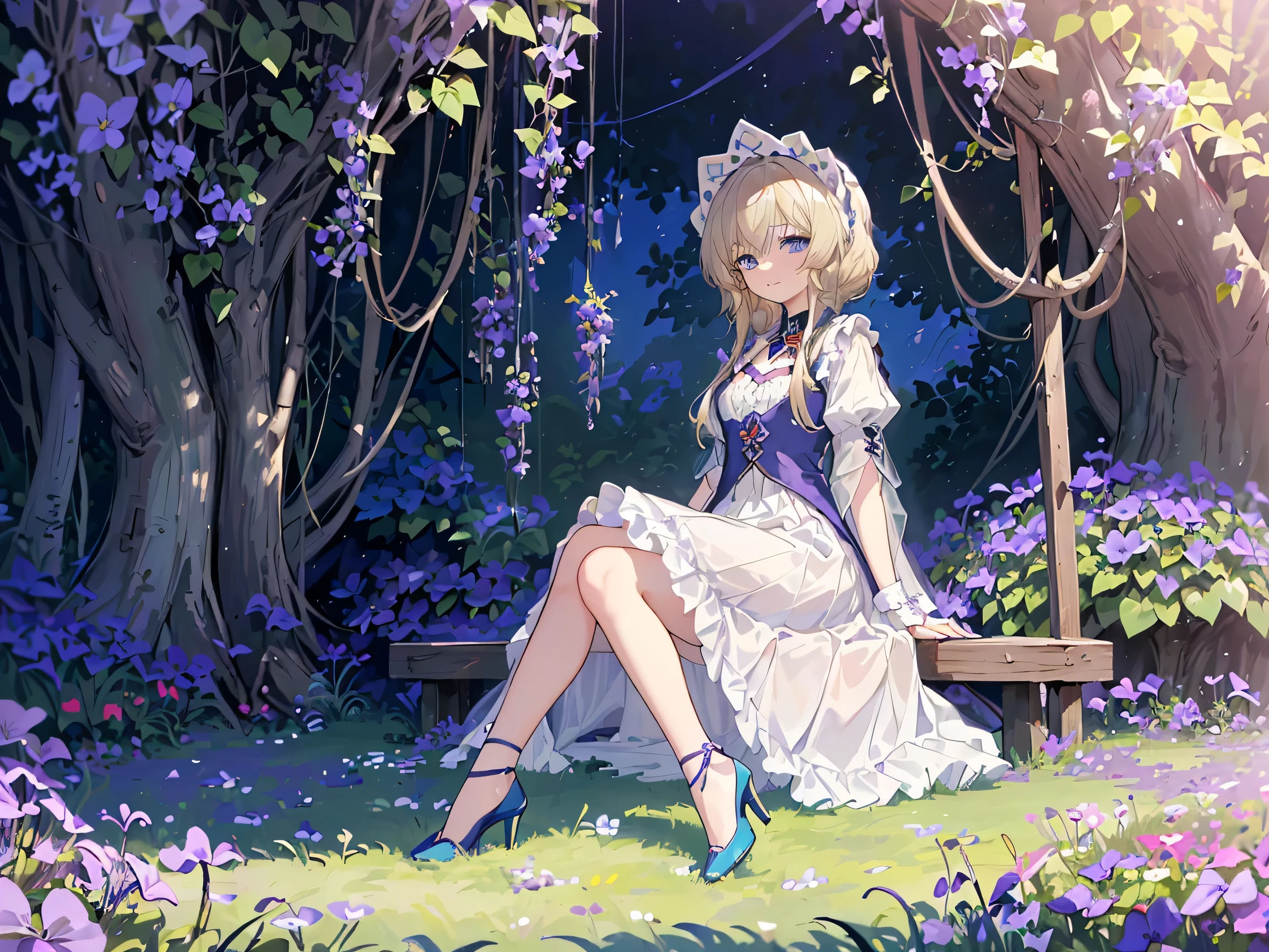 1 girl,Sandrone, (((Long blonde))), ((( blue eyes))),a faint smile, has,(((sitting))),Outdoors,(((Clear blue sky))),(((Violets grow on the lawn next to it))),((((Anne hashaway)))),((( reveal calf ))),(((Wear blue high heels)))
