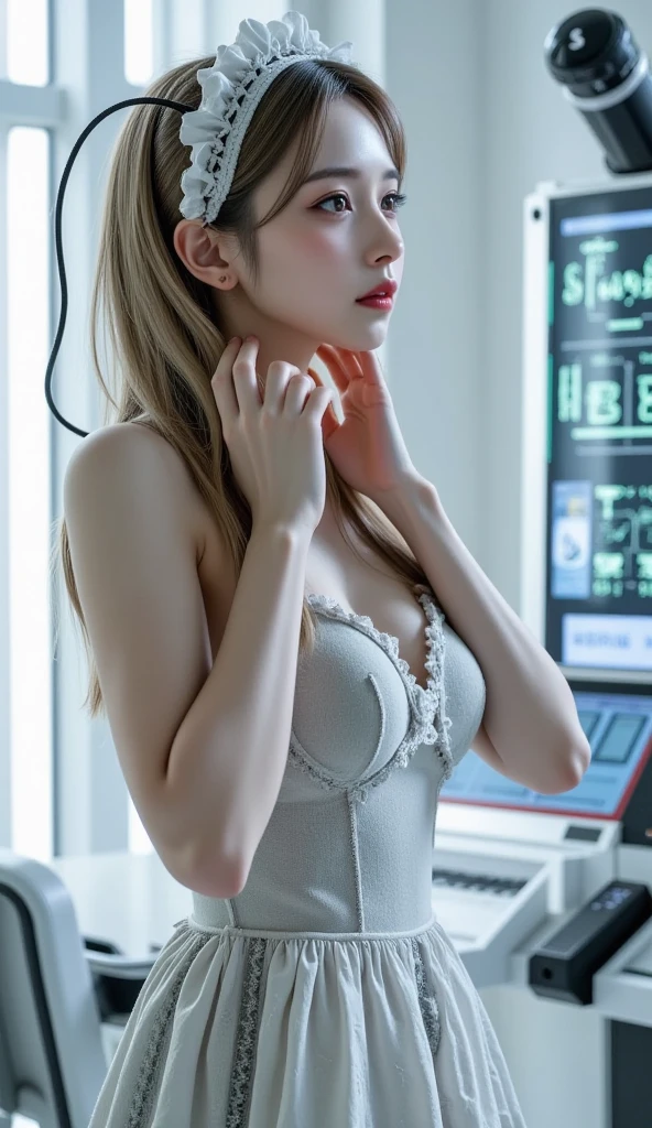 (Overhead view),dynamic angle,ultra-detailed, illustration, close-up, straight on, 1girl, 
 ((souryuu asuka langley, interface headset, (naked), blonde)),Her eyes shone like dreamy stars,(glowing eyes:1.233),(beautiful and detailed eyes:1.1),(expressionless,closed mouth),(standing), 
(mechanic room with toolsand spaceship windowin a white SPACESHIP),
(night:1.2),dreamy, [[delicate fingers and hands:0.55]::0.85],(detail fingers),