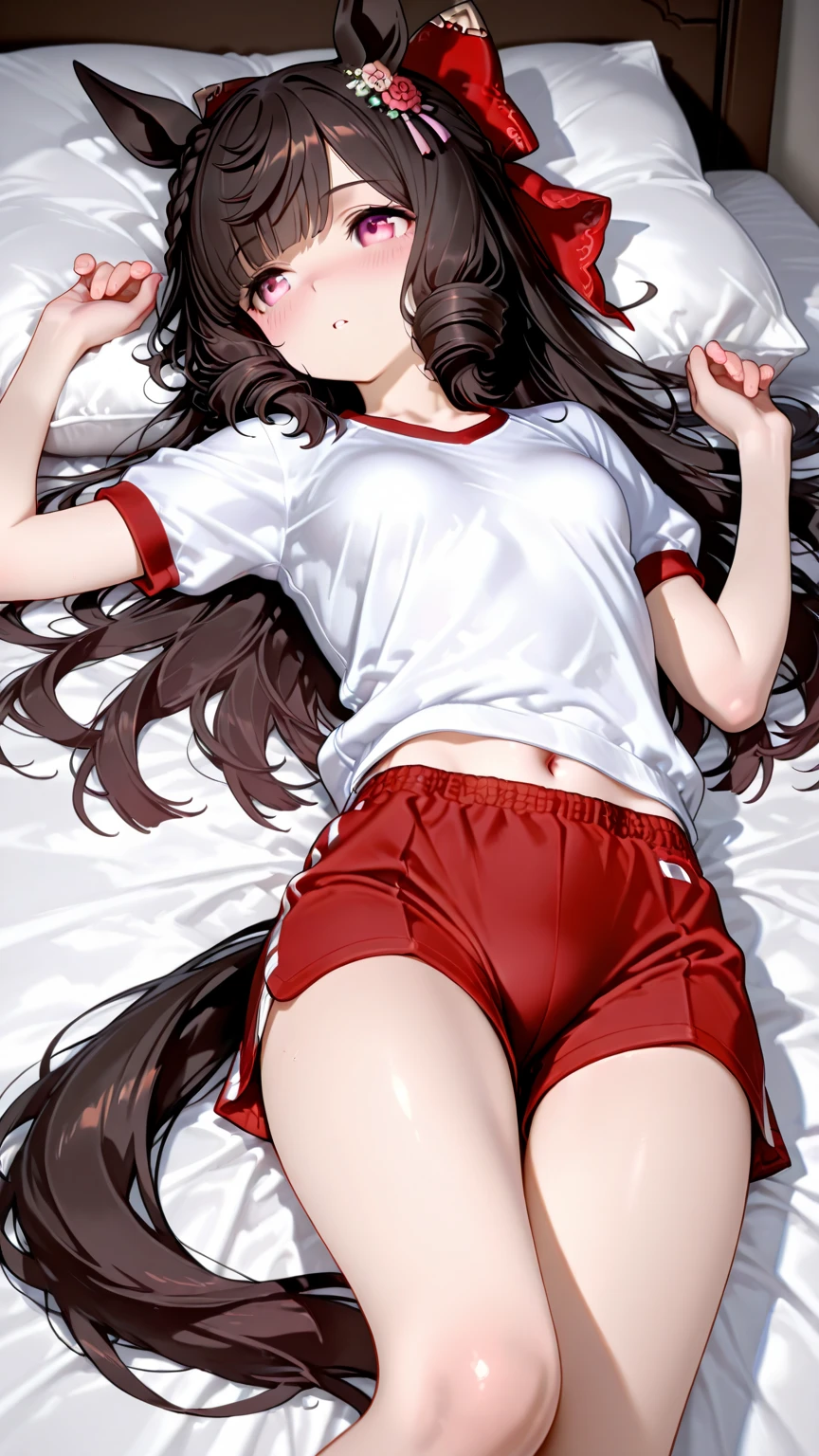 1girl, very long black hair, bangs between eyes, purple eyes, red tracksuit with white stripes, curvy, absurdres, high res, ultrasharp, 8K, looking at viewer (masterpiece), best quality, expressive eyes, perfect face, photorealistic, scared, lying on bed