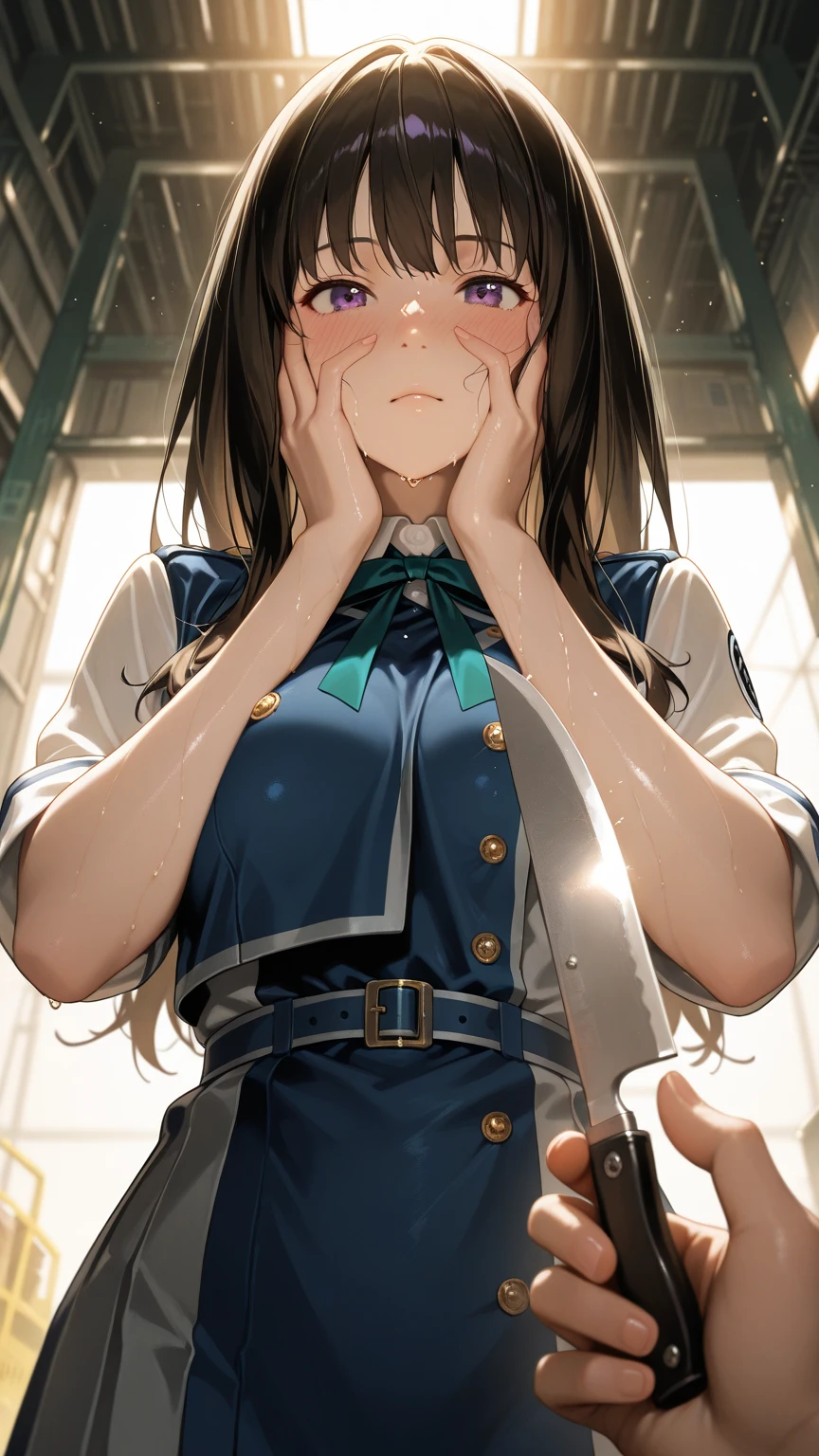 1girl,((black hair))
BREAK ((inoue takina, long hair, bangs, black hair, (purple eyes:1.2),crop top, white socks, shirt, long sleeves, dress, ribbon, , white shirt, collared shirt, belt, neck ribbon, blue dress, green ribbon, pleated dress, grey dress, two-tone dress, blue belt, lycoris uniform,:1))
BREAK ((blank eyes, mind control,:1.4))
BREAK indoors,
BREAK looking at viewer, 
BREAK (masterpiece:1.2), best quality, high resolution, unity 8k wallpaper, (illustration:0.8), (beautiful detailed eyes:1.6), extremely detailed face, perfect lighting, extremely detailed CG, (perfect hands, perfect anatomy),