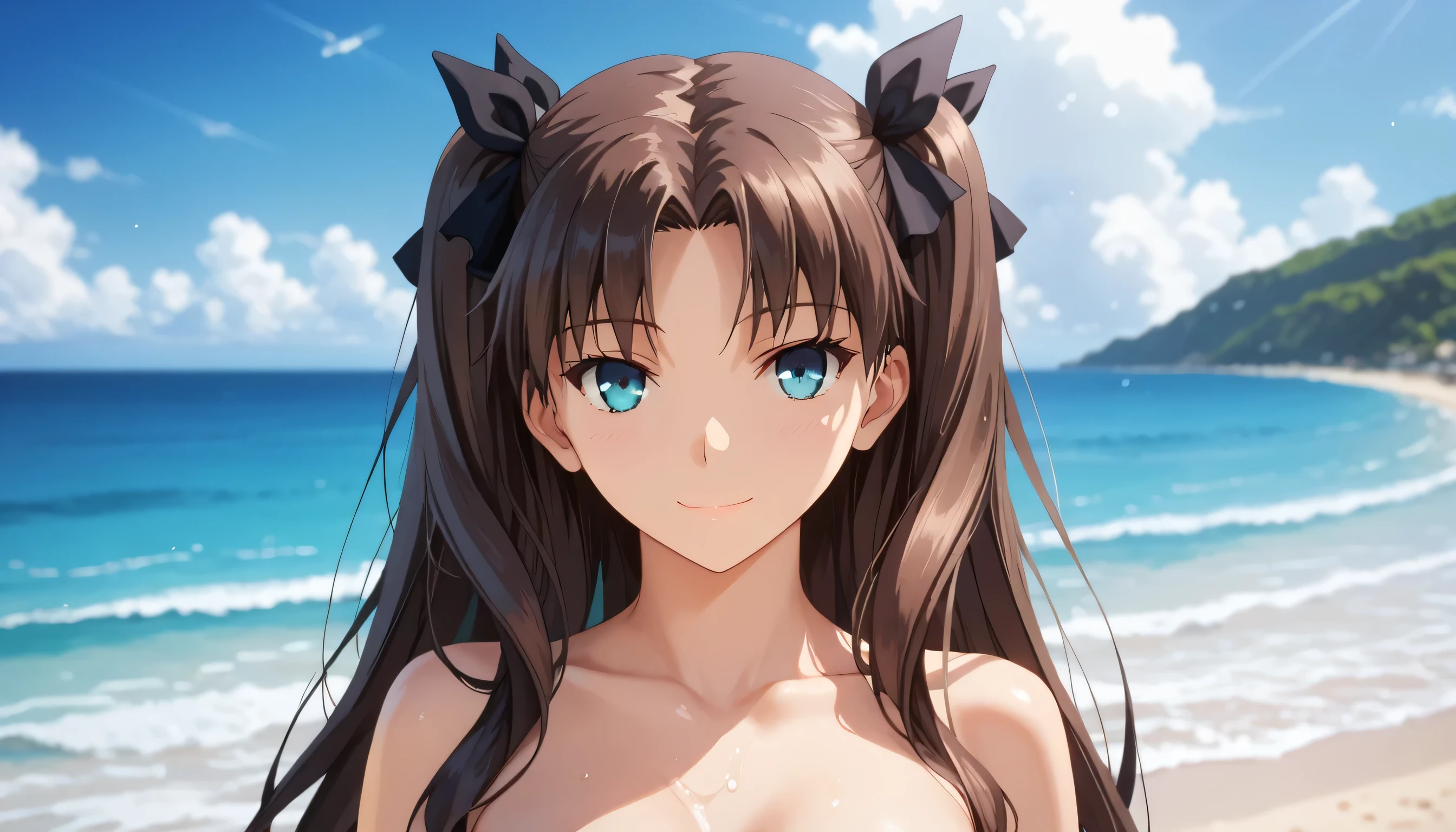 score_9,score_8_up,score_7_up,source_anime,masterpiece,best quality,high resolution,detailed face,detailed eyes,detailed skin,rating_explicit,BREAK solo,TohsakaRin,brown hair, two side up, parted bangs, blue eyes, hair ribbon,standing,upper body,nude,light smile,closed mouth,beach,soft light,