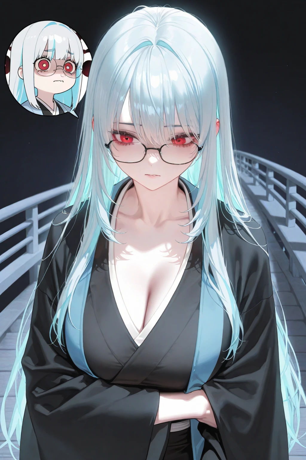 mature woman, glasses, scientist outfit, long hair, big breasts