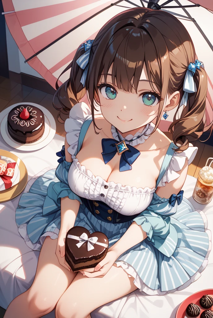 High resolution, high quality, One girl, Anime Girls, Brown long hair, Brown eyes, Pink Glasses,heart shaped pupils,Sunburned skin, Super big breasts,beautiful breasts,pointy breasts,(Big Ass),pink waitress,Soft cream,Shortcake,pancake,parfait,Pudding,Banana smoothie,orange juice,Mango juice,Sit on a chair,smile,at flower garden,morning glory,hydrangea,