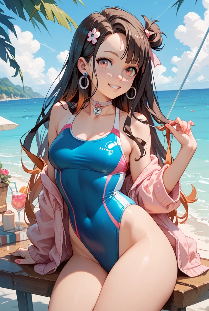 masterpiece, best quality, highres, 1girl, kizuna ai, long hair, brown hair, multicolored hair, pink bikini, floating hair, pink hairband, navel, streaked hair, pink hair, blue eyes, medium breasts, striped, swept bangs, smiling,water, sweaty armpits, pink highlights, brown hair, pink bikini, white collar, pink highlights, pink hairband, heart shaped headband --auto --s2