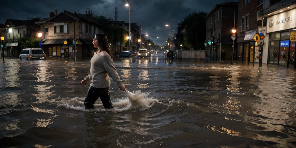 Best quality, Masterpiece, beautiful princess in a flooded city street, wearing a stunning red gown and tiara, wearing silver jewelry with rubies (necklace, tiara, earrings, bracelets), beautiful woman, wet, wet hair, wet dress, (((drenched))) (((soaked)))