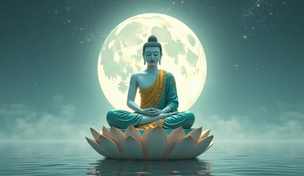 Buda Manjushri sitting in meditation, dress with green fabrics, blue and gold, is on a mountain surrounded by blue and golden light.