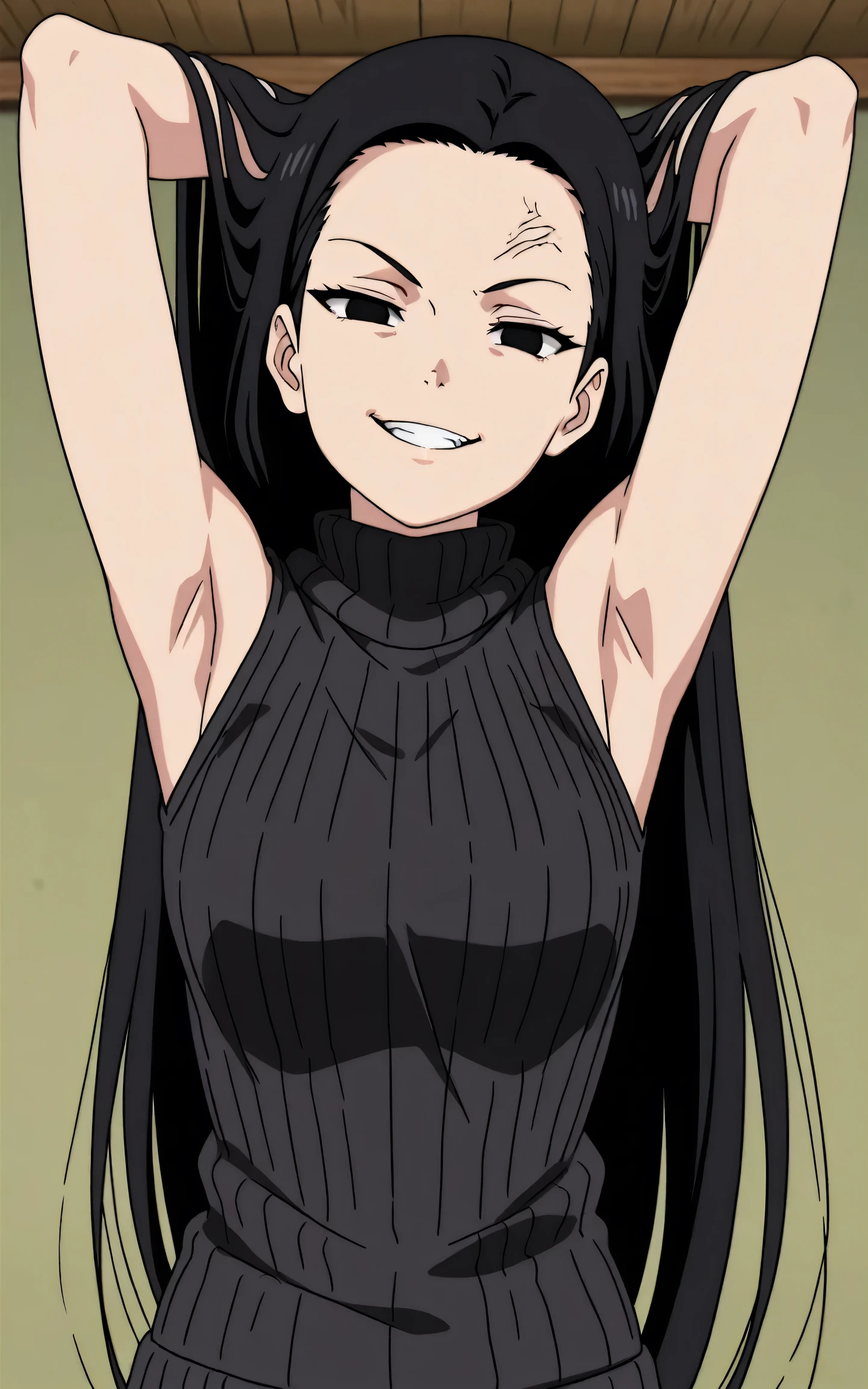 masterpiece, best quality, amazing quality, anime screencap, anime coloring, 1girl, solo, kt1, black hair, long hair, black eyes, forehead, black sweater, sleeveless sweater, ribbed sweater, turtleneck, arms behind head, armpits, armpits focus, head towards viewer, looking at viewer, direct eye contact, evil smile, grin, teeth, half-closed eyes, confident, indoors