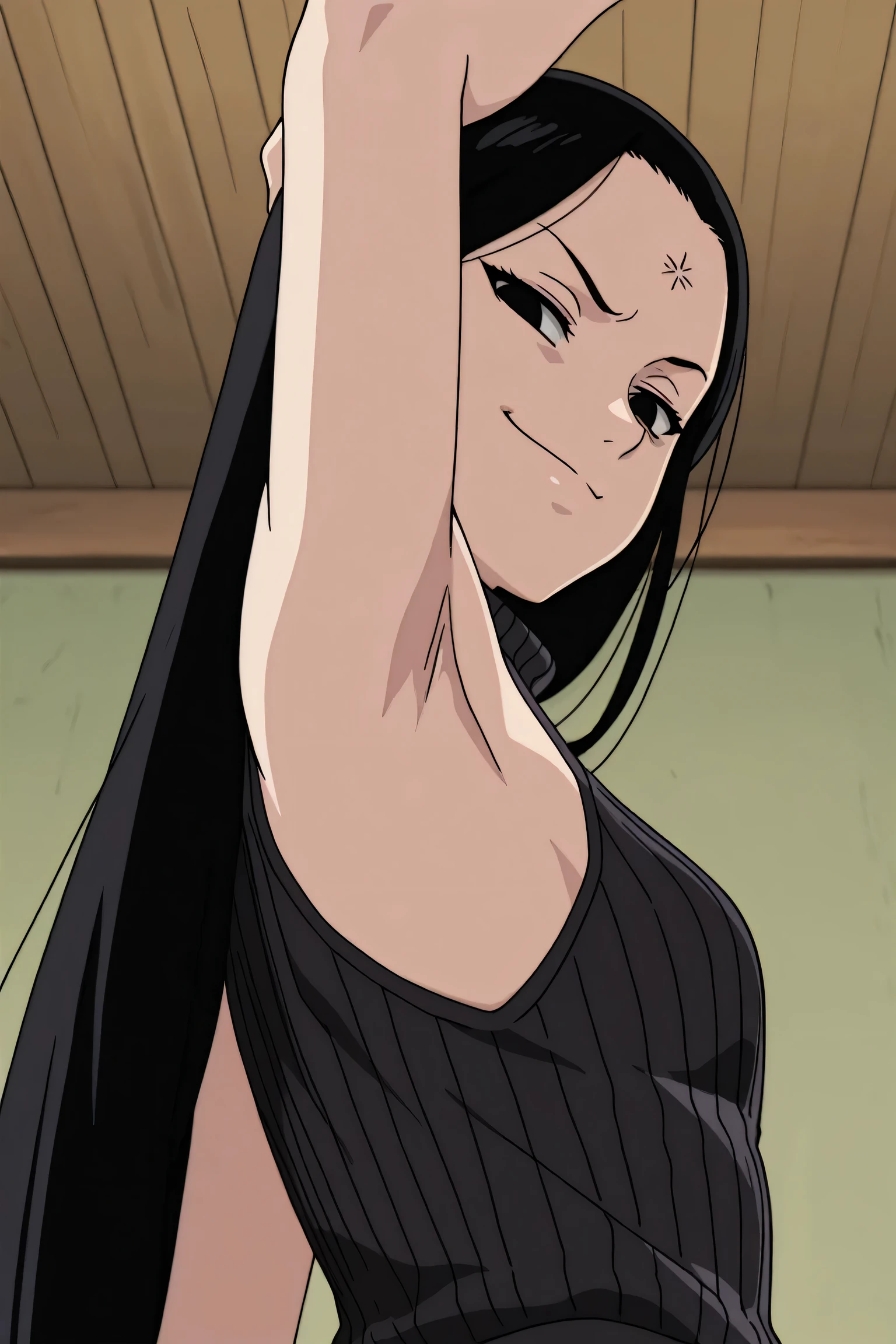 masterpiece, best quality, amazing quality, anime screencap, anime coloring, 1girl, solo, kt1, black hair, long hair, black eyes, small breasts, forehead, black sweater, sleeveless sweater, ribbed sweater, turtleneck, arm up, raised arm, armpit, armpit focus, head towards viewer, looking at viewer, direct eye contact, evil smile, smug, closed mouth, half-closed eyes, confident, indoors, from side, from below, from behind
