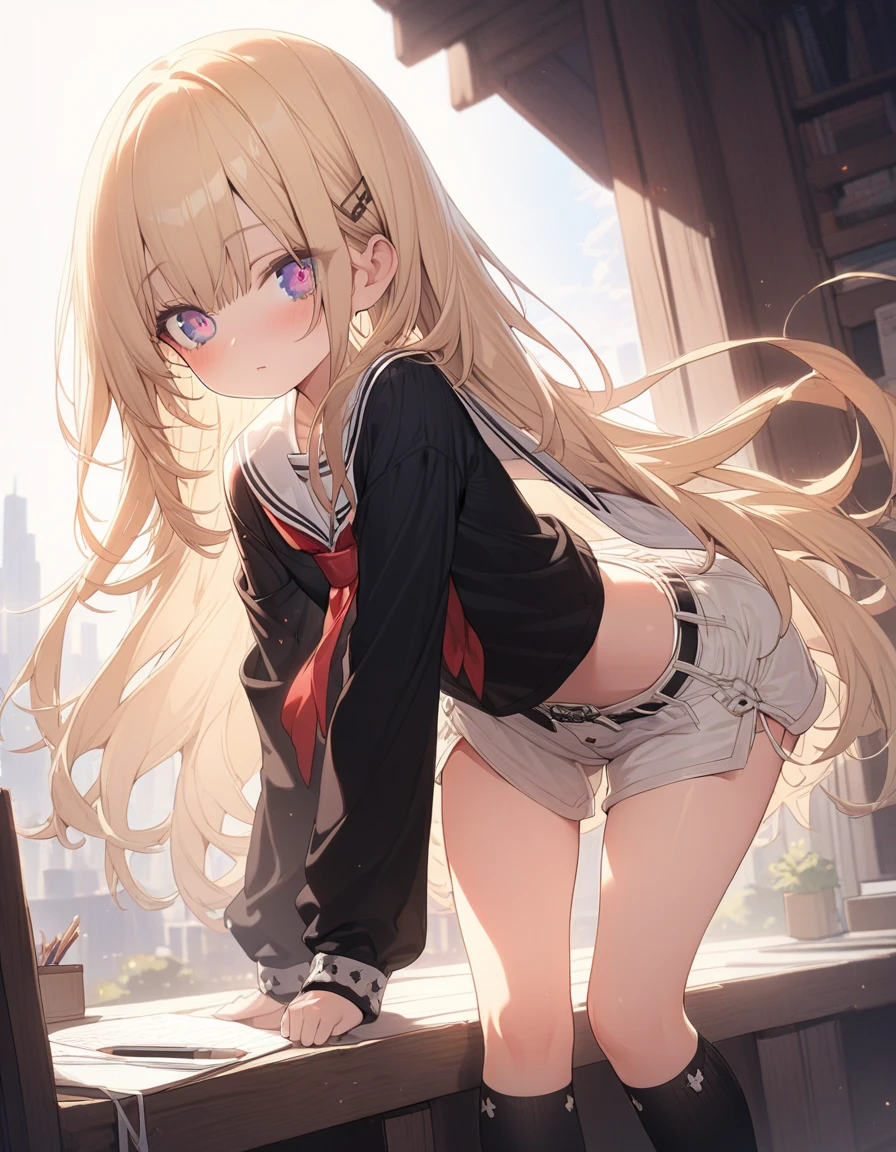 masutepiece, High quality, girl, highlights hair, Big clothes, Underwear with a small area, Comfortable clothing, Indoors, Night, Sunset, Dark room, Distracting and messing with something,