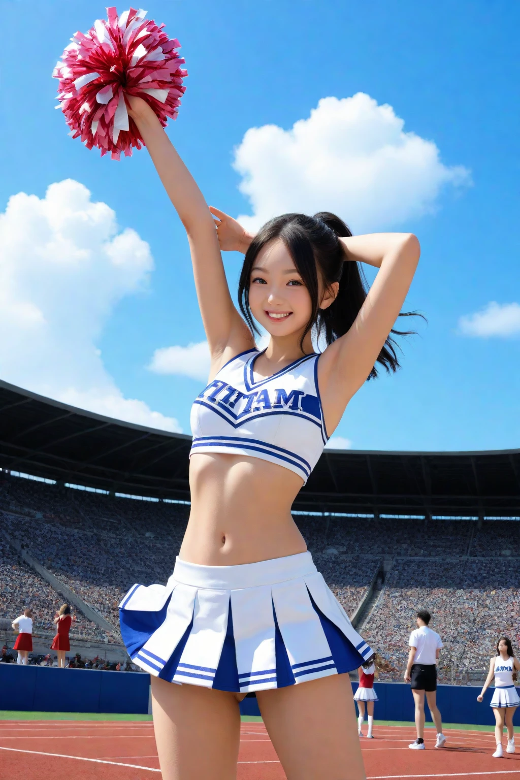 (Beautiful Japanese girl in her early teens), (blue panties), Cheerleader spread legs, nipples sticking out, 1 girl in her early teens, Solo, Cheerleader, perfect hands, angry expression , crop top, blue skirt, ロープでボンテージ，pleated skirt, removable sleeves, elbow gloves, looking at viewer, outdoor, stadium