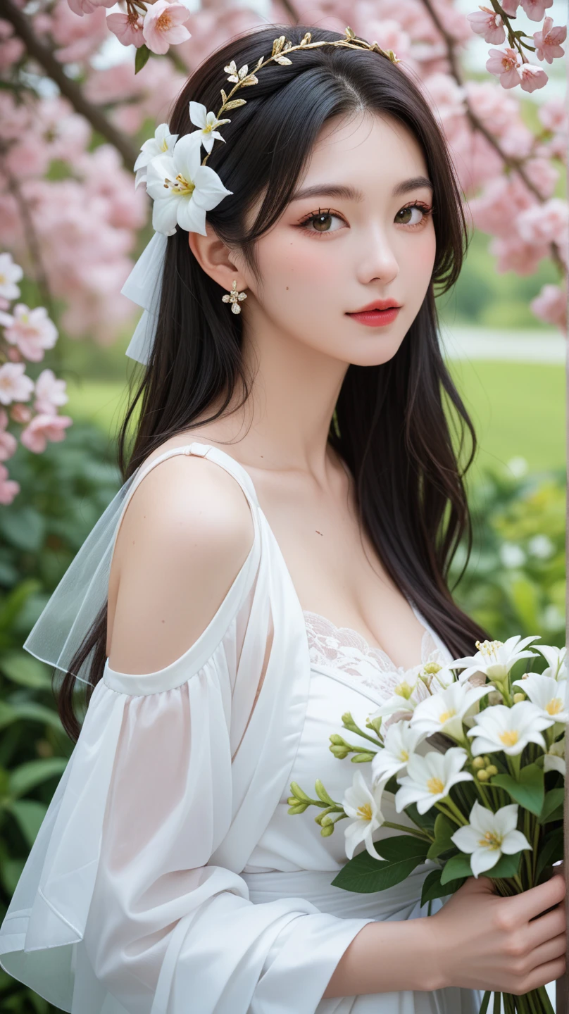 A stunning intricate shot of a beautiful happy asian bride is wearing white flower dress with big flowers,giant white peony flower behind of bride,sharp focus,natural lighting,subsurface scattering,f2,35mm,film grain
8k, best quality, Medium close-up, (Kebaya off-the-shoulder )、(luxury kebaya ),(top-quality,masterpiece:1.3,超A high resolution,),(ultra-detailliert,Caustics),(Photorealsitic:1.4,RAW shooting,)Ultra-realistic capture,A highly detailed,high-definition16Kfor human skin, Cute and lovely chinese girl, realistic, ultra detail, photo realistic, Increase quality, standing in a garden with a scarf, winter forest , (large breast), (cleavage ), close-up shot, mouth,dark-haired, long hair, (depth of fields、chromatic abberation、、Wide range of lighting、Natural Shading、)、