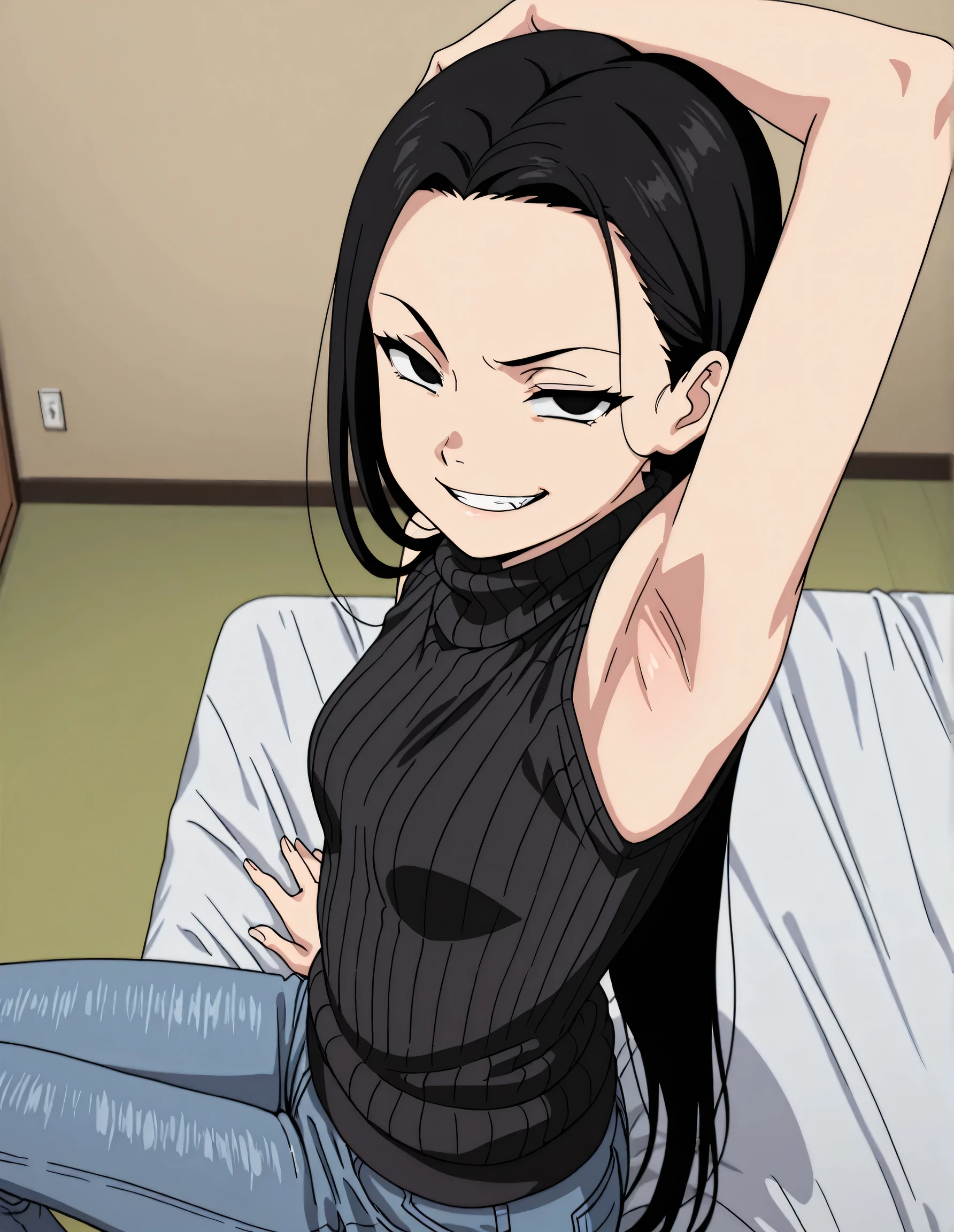 masterpiece, best quality, amazing quality, anime screencap, anime coloring, 1girl, solo, kt1, black hair, long hair, black eyes, small breasts, forehead, black sweater, sleeveless sweater, ribbed sweater, turtleneck, arm on head, armpit, armpit focus, head towards viewer, looking at viewer, direct eye contact, evil smile, grin, teeth, half-closed eyes, confident, indoors, from side, from above, sitting on bed, jeans