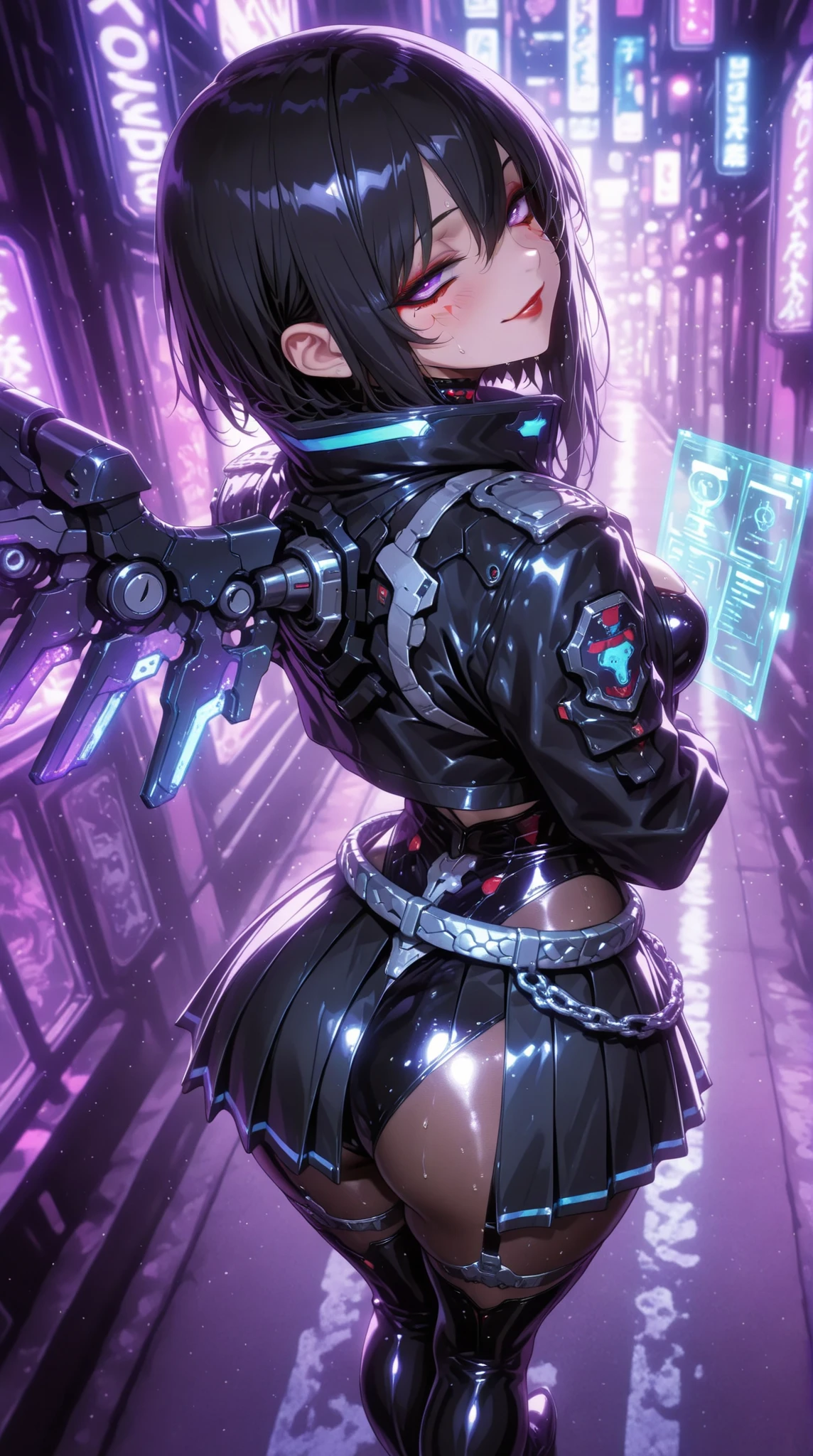 future technology,({Mia},1girl,tween,beautiful detailed face,(navy hair-color),(wavy-short hair),parallel eyebrows,navy eyes with large brown irises,blunt bangs,small nose, fresh lips,small chin,small breasts,small hip,(5feet tall)),wearing cyberpunk-style ninja costume,dagger,dynamic poses,dynamic angle,whole body,Multi-wire striations,Glowing electronic shoes,whole body,Colored smoke,City avenue,skyscraper,neon lights，smile,