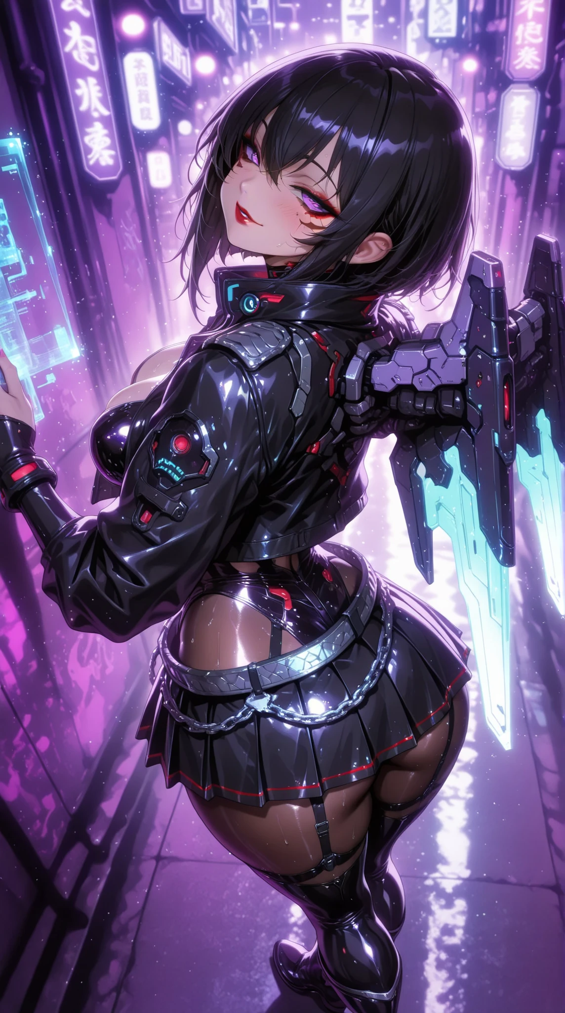 (((Hold a giant sword in both hands))), ((formal cropped jacket)), (Cyberpunk style), ((futuristic sexy bodysuit)), Mechanical Long Boots,, (skirt), (pantyhose), ((Shiny Costumes)), skindentation, skinny, solo, 1 woman, Masterpiece, highest quality, highest quality, 16K, incredibly absurd, highly detailed, 2.5D, ai-generated, delicate and dynamic, very delicate facial expressions, delicate eye depiction, erotic, only sexy woman, ((A cute and kind face)), healthy figure, ((25-year-old woman)), 160cm tall, medium firm swaying bust, Sweat,Embarrassed,sexy, ((thin thighs)), (camel toe:0.7), , (Erect nipples,:0.7), shiny and lustrous, facing straight at viewer, (((in heat))), ((Oily_skin)), ((Lots of sweat)), ((dutch angle)), ((erotic pose)), (((Very dynamic pose))), A ruined cityscape of the future, ((Riding on a giant weapon)), In the sandstorm,