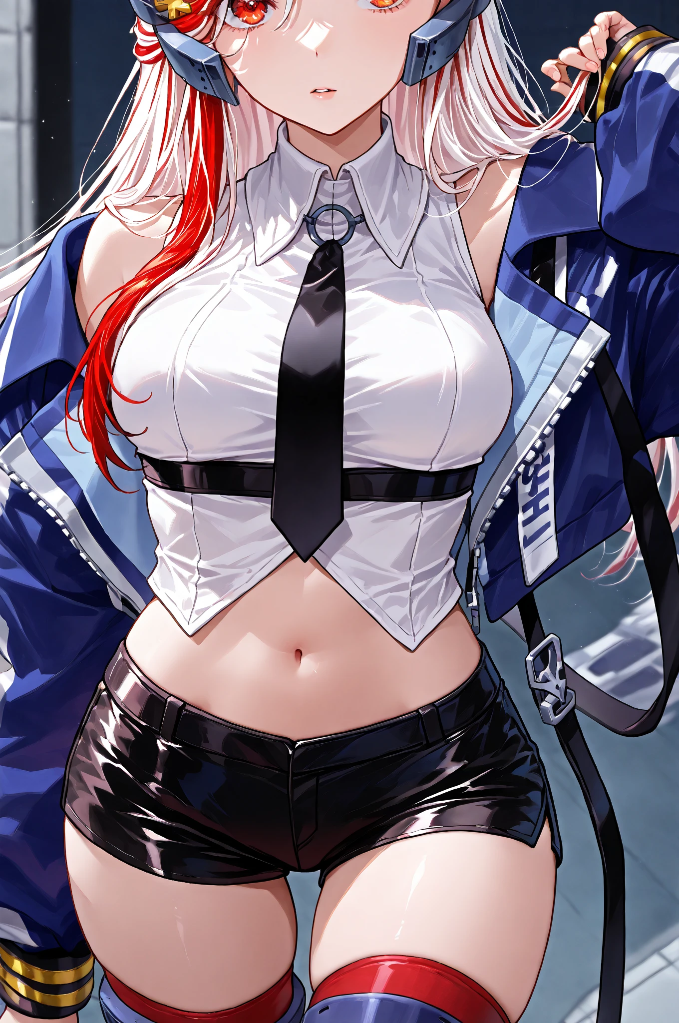 Adult girl, long red hair, blue eyes, blue leather jacket, smile, masterpiece, high quality, open belly