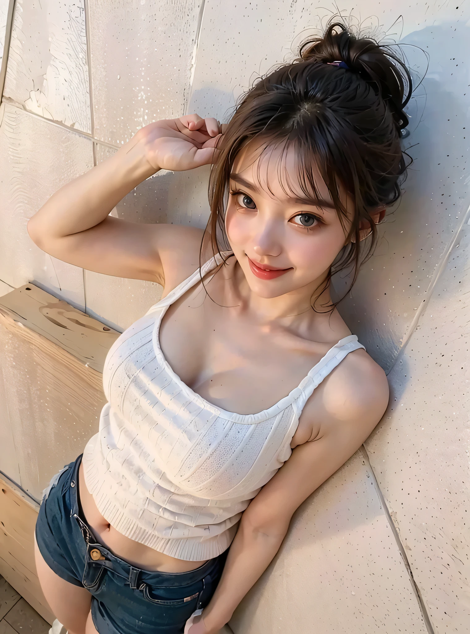 ((top-quality、in 8K、masterpiece:1.3, Photorealsitic:1.4, Realistic human skin)), White sandy beach, Standing, Full body, Japanese high school girl, 1 female, A dark-haired, With bangs, Medium-sized breasts, cleavage, ((white tank tops:1.2, shortpants, twintails hairstyle, Black eyes)), armpits, a baby face, with round face, Highly detailed facial and skin texture, A detailed eye, Detailed lips、Highly detailed hair depiction, Natural makeup:1.2, A smile,