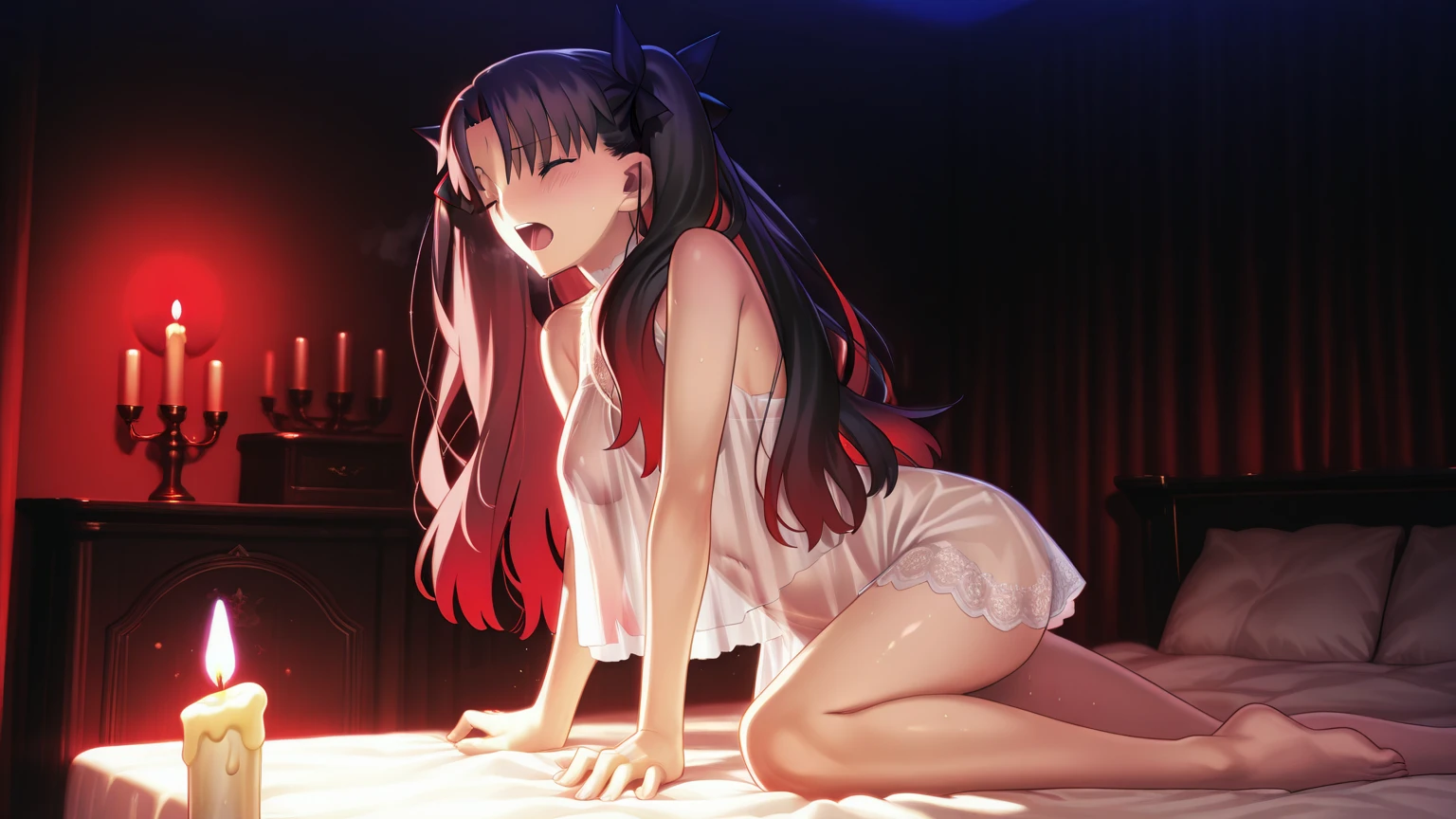 anime artwork, score_9, score_8_up, score_7_up, score_6_up, score_5_up, score_4_up,sparkle \(honkai: star rail\),1girl, twintails, black hair, small breasts, red eyes, red eyeshadow, fox mask, , , , , she is 24 years old, , ,horny, style_3, floox style, . She has fluorescent pink eyes with tiny black dots under each of her eyes.. naked, , naughty smile, , towel wrapped around body, sit in sofa, leaning on back, grey background, thick thighs, naked towel, wine on legs