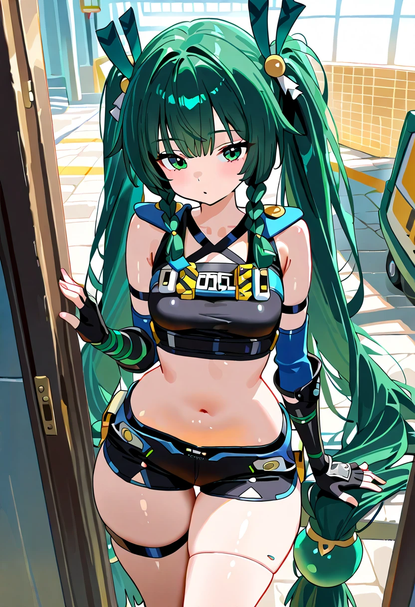 score_9, score_8_up, score_7_up,1 daemon woman, black  horns, black demon tail, (aquamarine hair),aquamarine green color hair,ahoge, long hair, (long hair),bangs, light orange bikini, bikini is orange, bikini orange, orange bikini!, (aquamarine eyes), background is spaceship, aquamarine eyes, 1woman ,facing viewer, daemon girl,  close up,Well-endowed, alone, Spacecraft interior, sexy pose