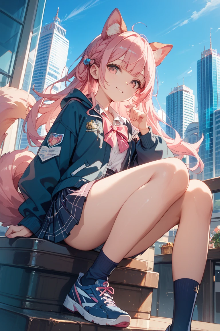 one-girl，I am，Pink Long Hair，mid - length hair，Loose hair，purpleeyes，Smile gently， Background with，Anime style 4k,Blue Long Sleeve Faux Denim Bomber Jacket，white  shirt，Black vertical striped skirt，Short black socks，gray overboots ，，Mitsukasa Ayase