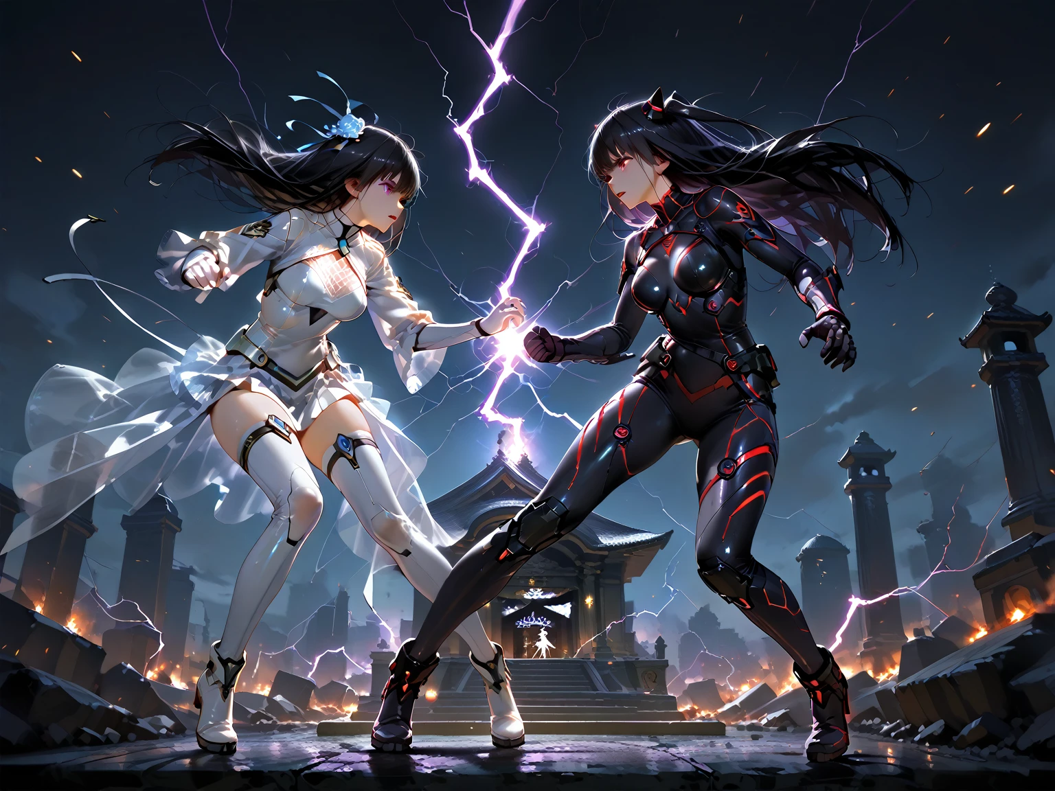 araffes in a silver bodysuit is standing next to a robot, fighting scene, colorgrading, by Lü Ji, without text, white mech bot, animation still, duel, asian female, cinematic mid shot fight, commercial shot, brawl, movement effects, by Kanō Sanraku, screengrab --ar 16:9 --auto --s2