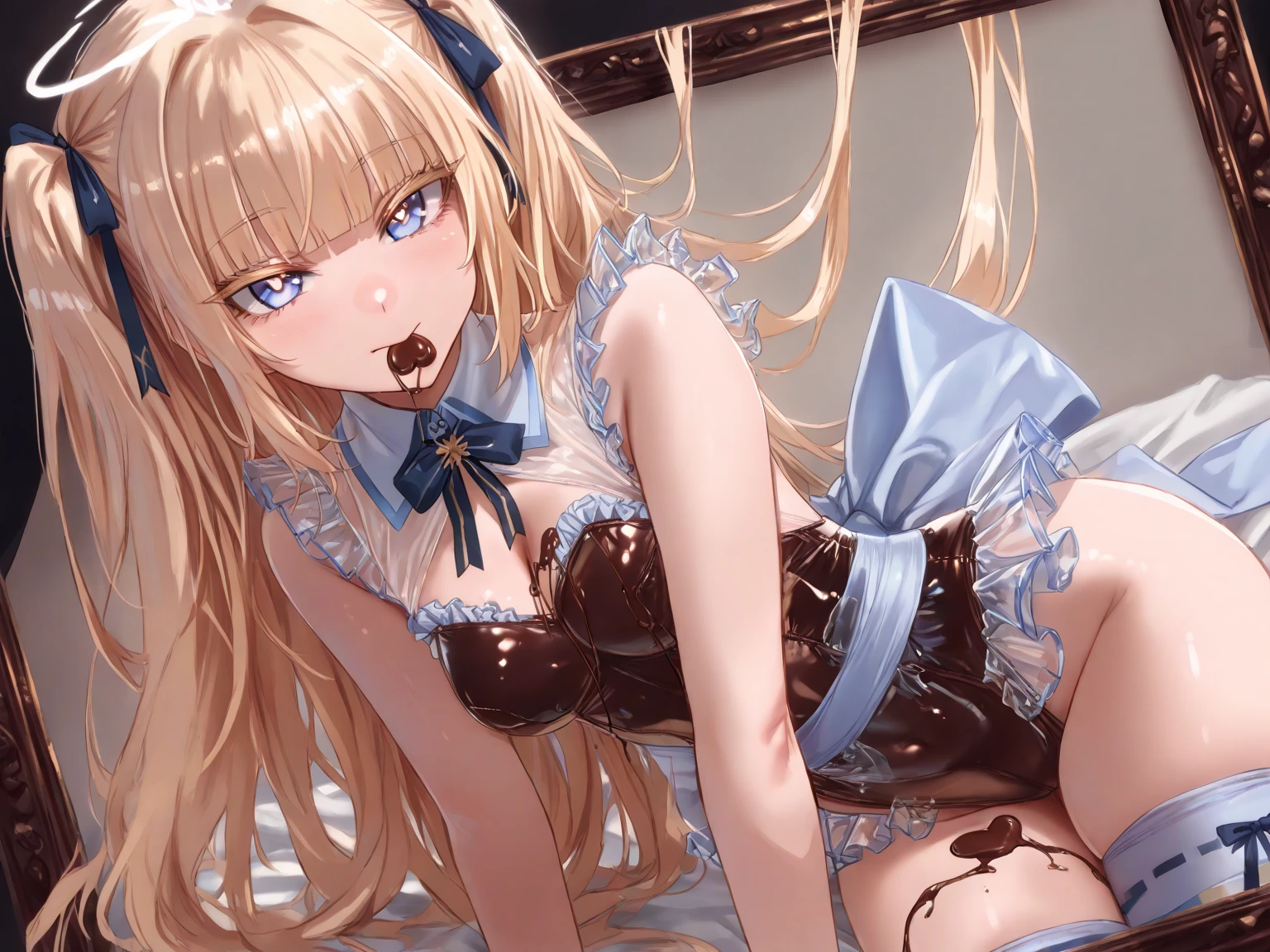 Shiny blond hair, very long hair, sophisticated haircut, (small twisted braids:1.1), thin and oval face, submissive, (gagged:1.3), cute and blushing 18 years old anime girl, bright blue eyes, detailed face, detailed members, detailed arms, detailed hands, Girl lying, tied by chains, shackled, can no longer move, tied tightly, (very hard tied up with lots of chains), (hampered by so many chains that she can no longer move:1.1), bound hands and feet, (chains tie his whole body:1.3), (tied extremely tightly and forcefully to her bed by a lot of chains:1.2), (its limbs are strongly tied together by chains:1.2), (his torso is tied up with thick cords:1.1), (her chest is so tied up with chains that it sticks out:1.3), (her legs are tied tightly with thick chains:1.1), (his hands are tied behind his back with chains), she can no longer move her feet, her hands which are tied by thick chains, she desperately tries to free herself, (likes to be tied tight with big chains:1.1), likes to be immobilized by big chains, (lying down:1.3), (his hands and feet are strongly tied to the railing of his bed:1.1), (his legs are pressed together and tied with chains:1.1), (its limbs are held vigorously by imposing chains:1.1), (her hands are tied securely behind her back by chains), (her chest is compressed by strong chains:1.1), (she is pressed against her bed and restrained by large chains:1.3), (shibari, arms behind the back:1.4), (hands on the back), (masterpiece, best quality) 1.5, 1girl, solo, (sexy, beautiful woman, perfect face, perfect eyes, perfect hands), (shibari, arms behind the back:1.4), (hands on the back), Spread the legs, s' (lie in bed by big chains:1.3), (a princess in armor trapped in a dungeon), (((armor suit:1.5))), (chained to the prison wall by chains:1.3), (his legs are chained by chains:1.3), (locked in a dark dungeon:1.5), (chains with links bind his whole body:1.3), (very detailed chains:1.3), ((((((chain:1.5))))))