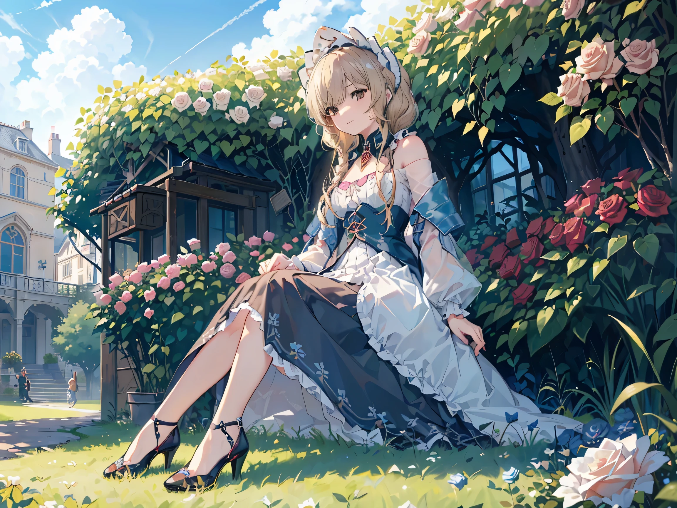 1 girl,Sandrone, (((Long blonde))), (((brown eyes))),a faint smile, has,(((sitting))),Outdoors,(((Clear blue sky))),(((Roses grow on the lawn next to it))),((((Anne hashaway)))),((( reveal calf ))),(((Wear blue high heels))),underwear is slightly visible
