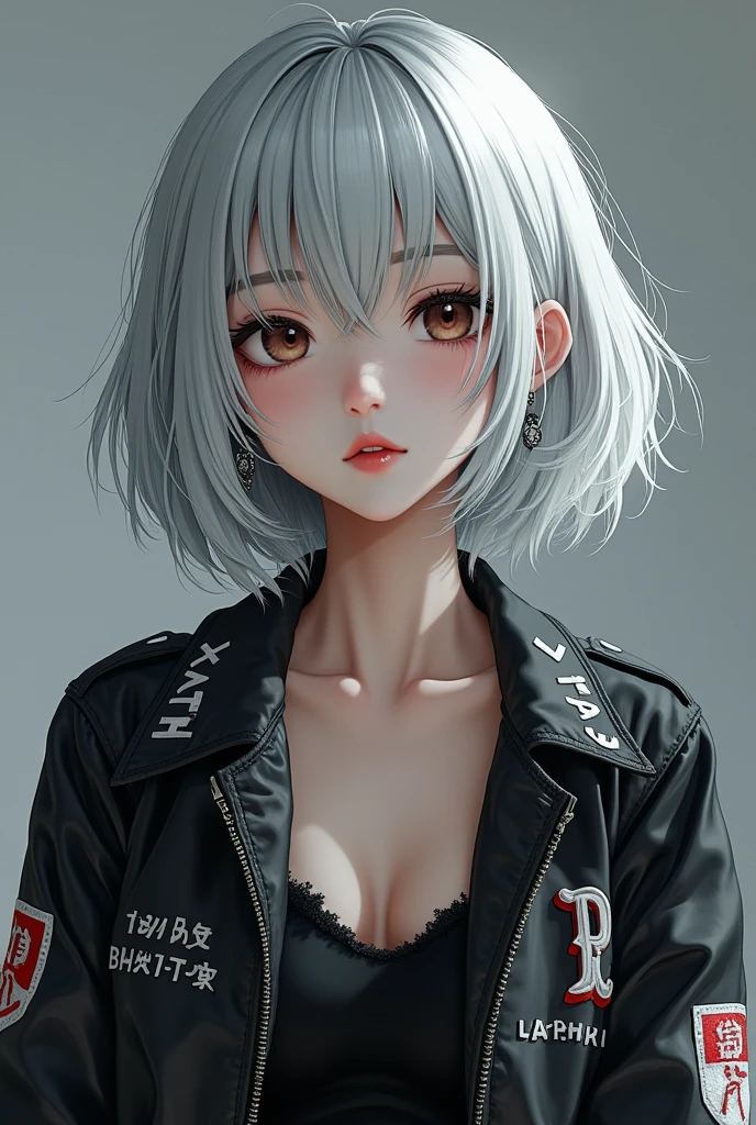 Girl, woman, emo_hairstyle, black lipstick, dog collar, eyeliner, eye shadow, smoky eyes, realistic lighting, short hair, cleavage, standing up, white tight open-cut top, fur coat, hypercar.