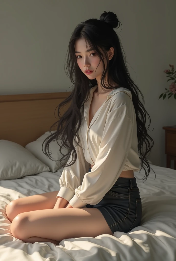 Black hair bob, (8k, RAW photo, photorealistic: 1.25), (very much lip gloss, many eyelashes, highest quality, ultra high resolution, depth of field, chromatic aberration, caustics, wide light, natural color, Japanese , Female in her 30s) Staring at the viewer, necklace, bracelet, choker, full body, big breasts, mole on chest, bare legs, see-through blouse