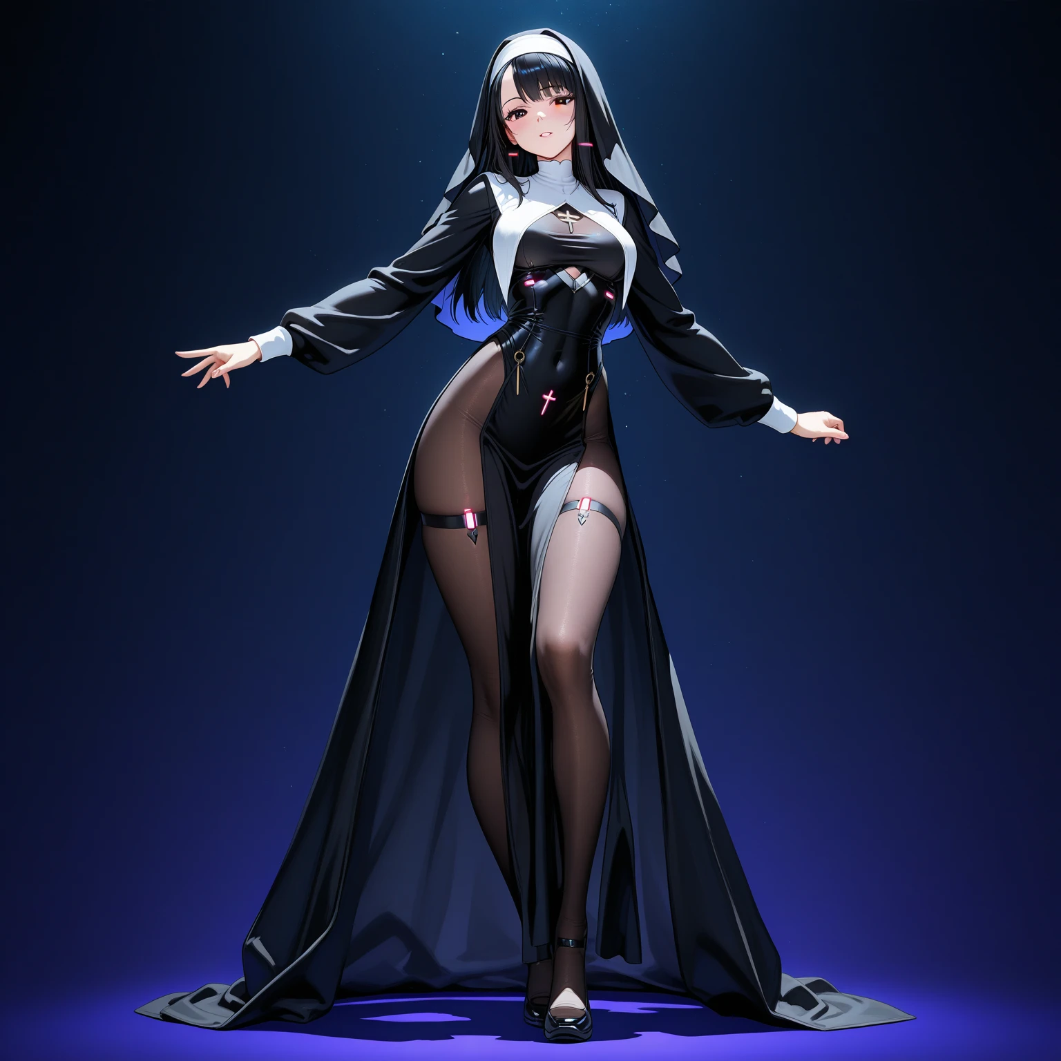 (​top-quality、hight resolution)、stripper、(((Strip dance、nun)))、((Nightclubs、on a stage))、nsfw、grin、high heels、(((from front、from below)))、Clothes taken off