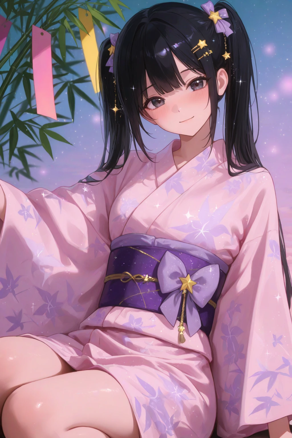 masterpiece, (pink kimono), seductive face, good lighting, décolleté, small details, masterpiece, glowing eyes, 1girl, black hair, on face, Nezuko Kamado, wisteria background, masterpiece, best quality, POV, erotica, (female genital), (naked:1.3)