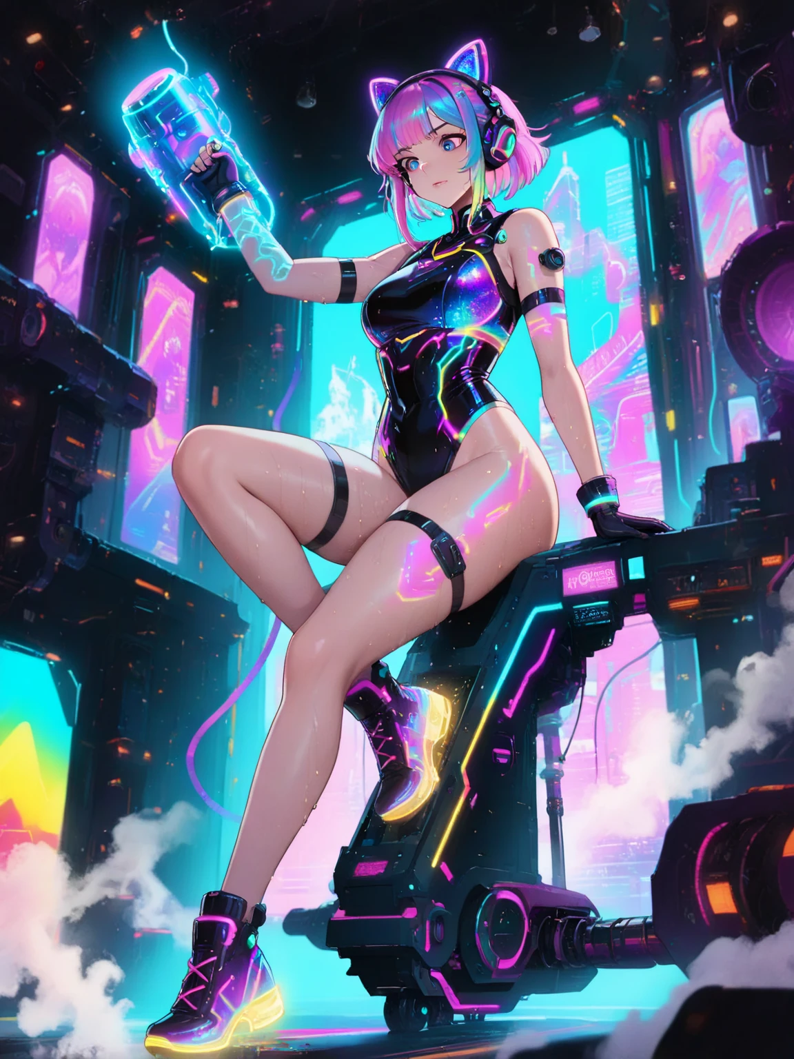 mirror ball, DJ girl, sexy girl, DJ controller, mirror ball, com, neon, super bright music lights. There is a TV screen behind her, (best quality)), ((super detailed))