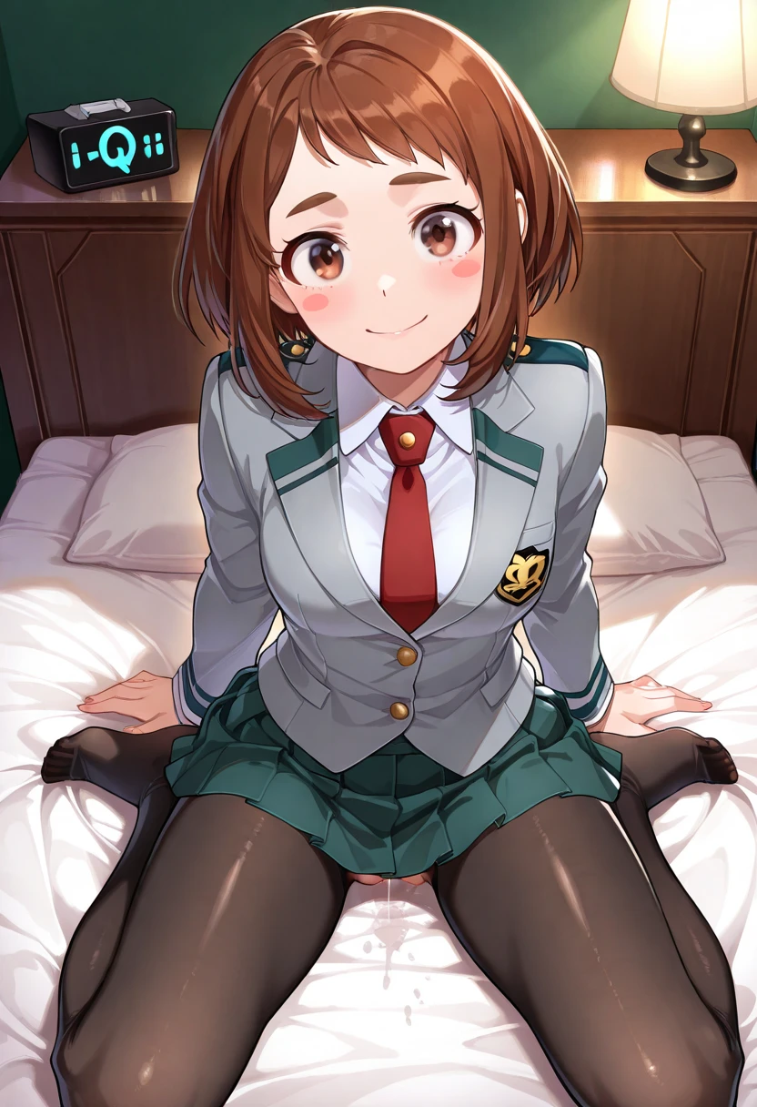 anime girl in a green and white outfit laying on her stomach, 1girl, solo, long hair, breasts, open mouth, skirt, brown hair, thighhighs, bow, twintails, underwear, school uniform, panties, ass, lying, spread legs, on back, white thighhighs, yellow panties, <lora:CG-Hentai:0.8>