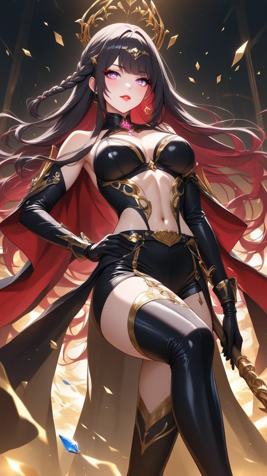 high-level image quality、hightquality、realisitic、Beautuful Women、the witch、Witch Costume、sorcerer、Wacky costumes、A sexy、Constricted hips、Toned abs、skinny thigh、(realisitic:1.5)、(​masterpiece、Highly detailed CG unified 8k wallpapers、top-quality、hight resolution:1.2)、(ultra-detailliert、UHD:1.2)、(pixiv:1.3)、perfect illumination、distinctive、(a beauty girl:1.2)、Viewer's Perspective、Unreal Engine、side lights、face perfect、A detailed face、beautidful eyes、Clean face、(bright skin:1.3)、idol、(abdominals)、ulzzang-6500-v1.1、Soft smile、The upper part of the body、(dark red hair)、(simple background)、((dark backgrounds))、(depth of fields)、a closeup、selphie