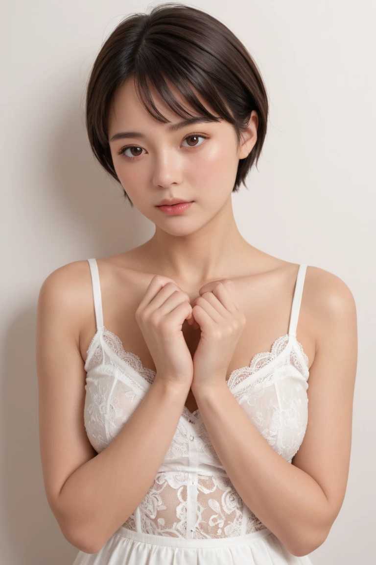 (plain bra, plain white panties:1.5), one girl, 14 years old, 8k, RAW photo, best quality, masterpiece, realistic, photo-realistic, clear, professional lighting, BREAK, no makeup, smile, black eyes, black hair, very short cut hair, full body, BREAK, standing