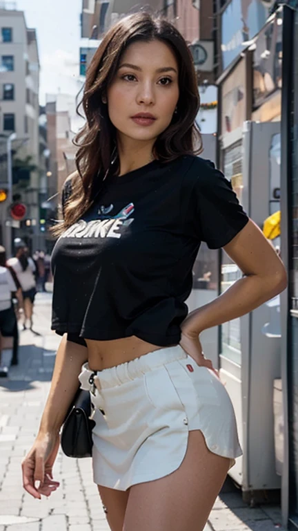 beautiful girl, Black Hair、,Short Haircut、Ear piercing、 white t-shirt, gray coat, Skinny jeans、sneakers、smile、Beautiful teeth alignment、The background is the building's corridor.