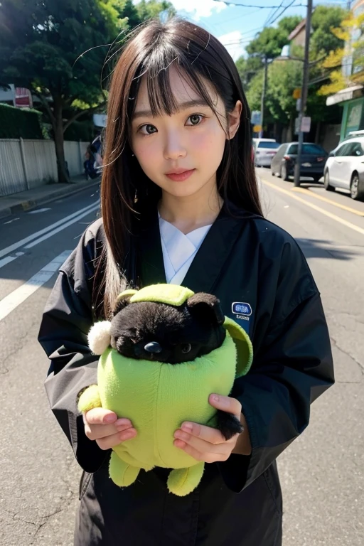 there is a woman that is wearing a green teddy bear costume, with a cute toad, fluffy green belly, lulu chen, cute frog, covered with blanket, kawaii yoda, ruan cute vtuber, cutecore, frog themed, kemonomimi, xintong chen, shikamimi, wenfei ye, chilling, cuddling her gremlings