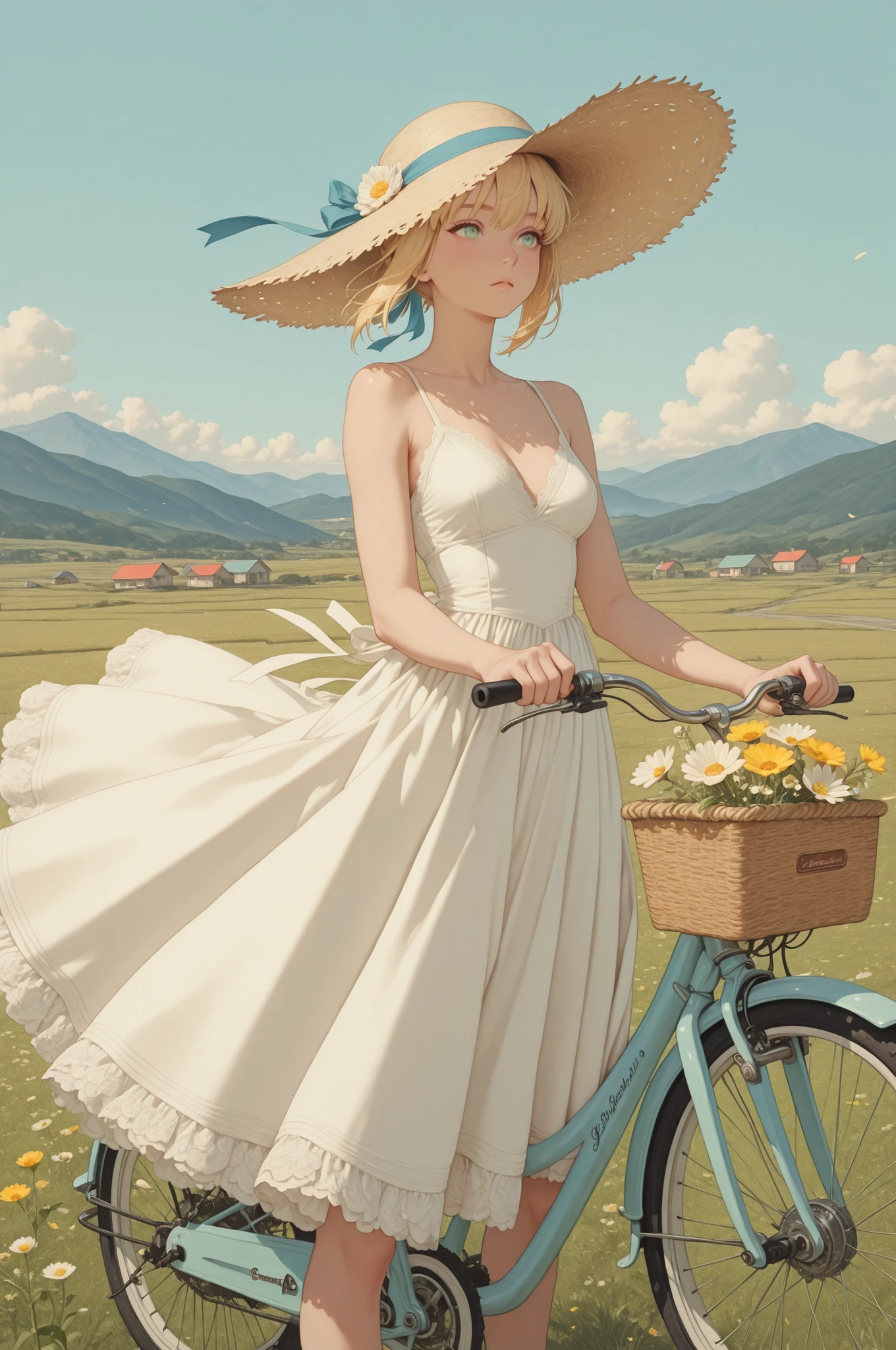 1girl, saber (artoria pendragon), delicate pure white summer dress, elegant straw hat with ribbon, gracefully riding vintage bicycle, flowing blonde hair in wind, gentle emerald eyes, serene expression, peaceful rural countryside road, vast pastel green meadow fields, soft morning sunlight, blooming wildflowers, dreamy pastel color palette, gentle summer breeze, wispy clouds in pastel blue sky, detailed vintage bicycle parts, intricate dress folds, soft lighting, nostalgic atmosphere