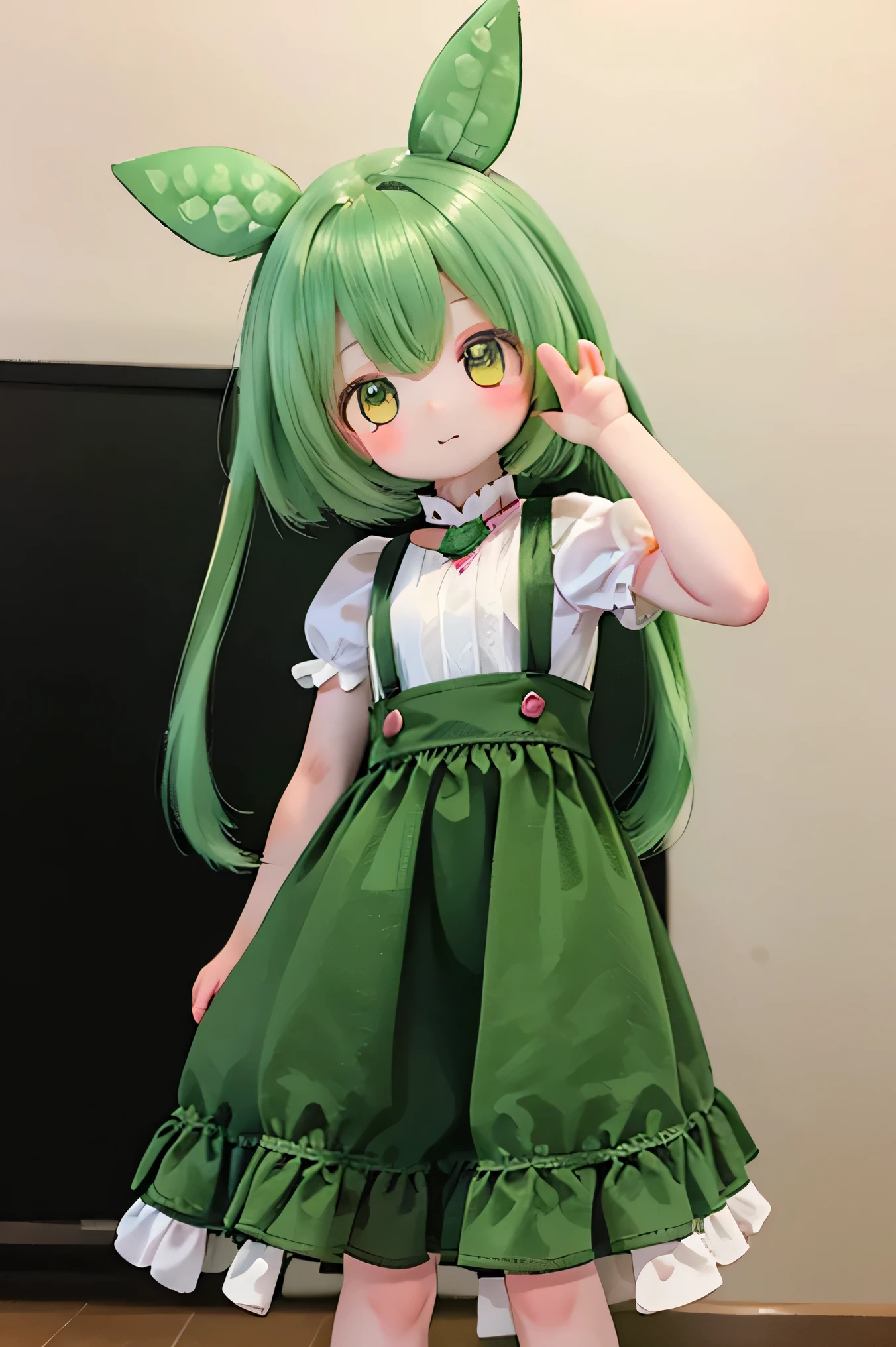 cute green-haired zundamon in playful pose, exquisite character designs , Delicate Details , surreal , photorealistic , 8k, masterpiece , is high resolution, bright color, 多くのcute人々I can see the light of , Natural Light, 、 warm palette , amazing , Nikon Z7 IIミラーレスカメラで撮影したamazing映像 , cute , cuteデザイン , , Heartwarming、Edamame、 execution (((((young lady))))))(((long hair))) (((((Long Dress))))))long skirt in front of the museum、 very elegant word classroom