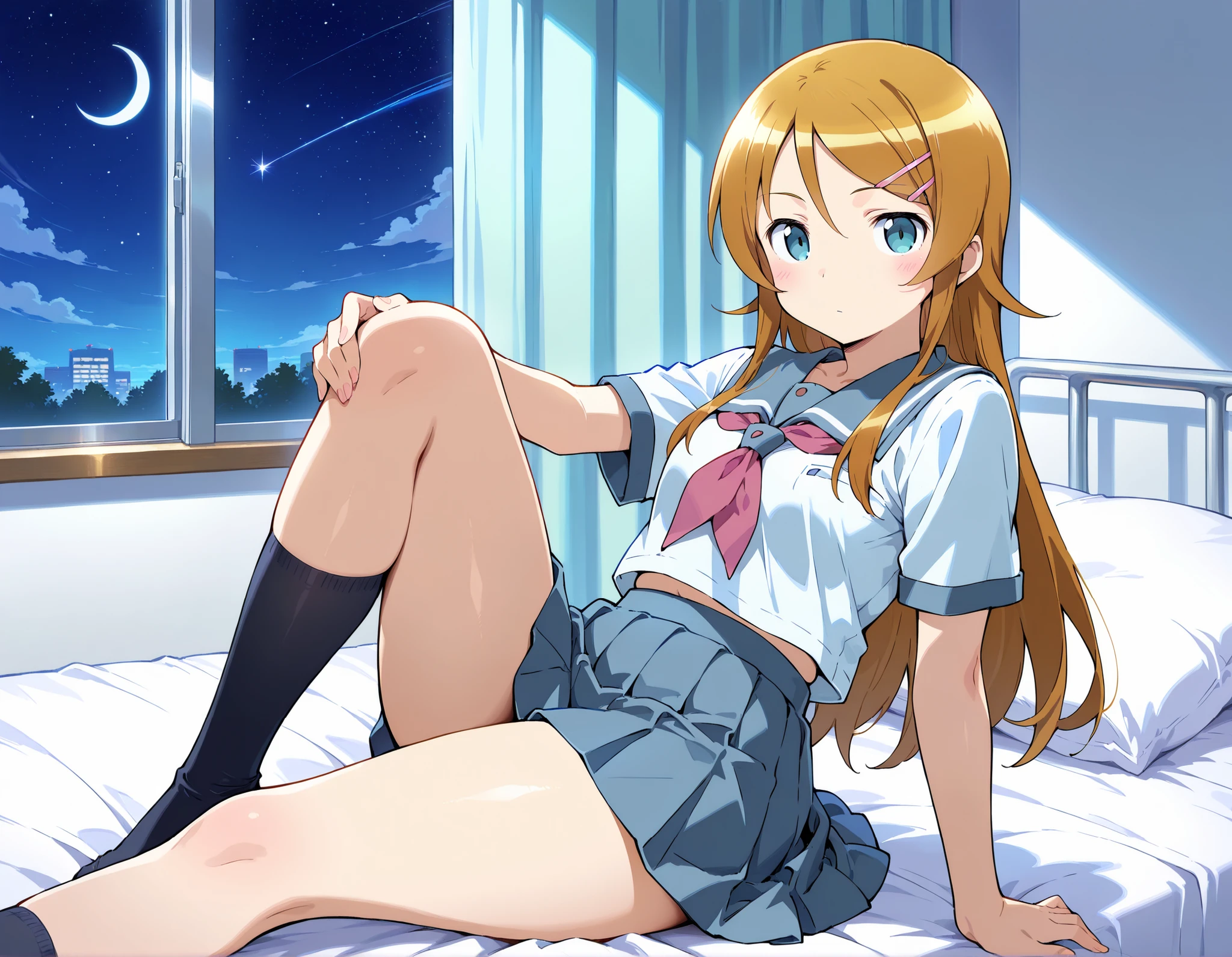1girl,kousaka kirino, serafuku, blue pleated skirt,short sleeves, red neckerchief,black socks,expressionless,thick thighs,knee up,crescent moon, stars (sky),looking at viewer,Infirmary,bed on a futon