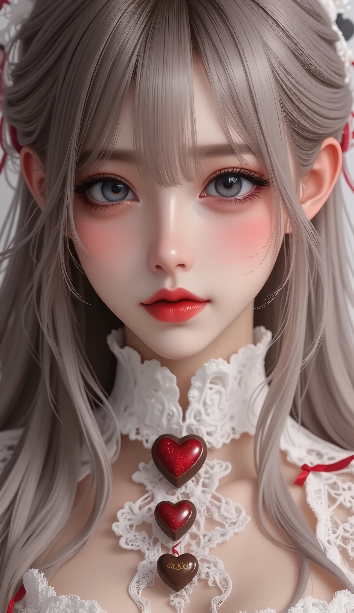 masterpiece, best image quality , 4K, Mecha , long hair, ash grey hair, cyberpunk,Shrine maiden, Achieve depth of field, blurred background,(((Extend your arms to the viewers and show them a big heart-shaped chocolate)))